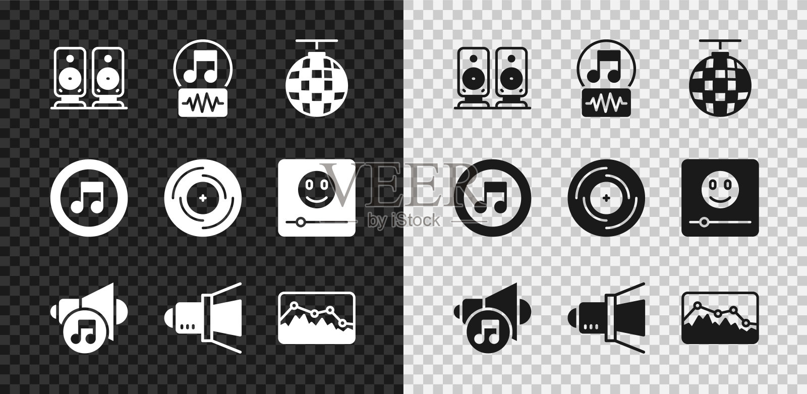 设置立体声扬声器、音乐音符、音色、迪斯科球、扬声器音量、电影聚光灯、均衡器和光盘图标。向量图标素材