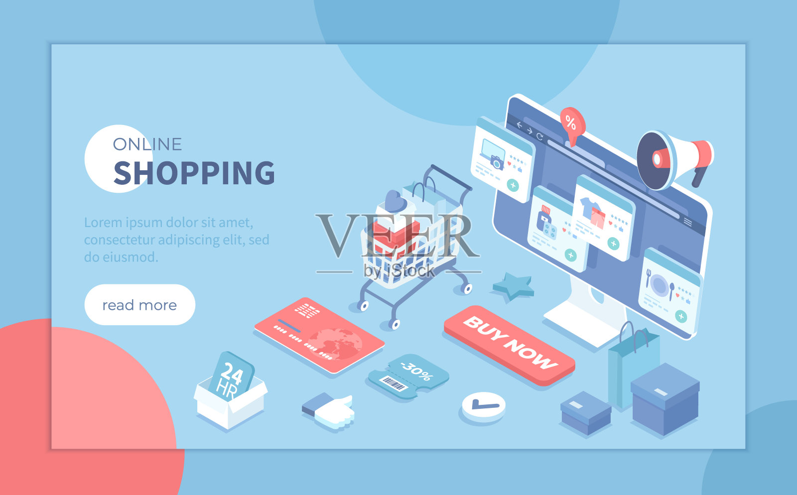 网上购物,网上零售。网上购买付款。申请服务网站银行。网上购物车,信用卡,扩音器,折扣,销售。等距矢量插图的横幅,网页设计模板素材