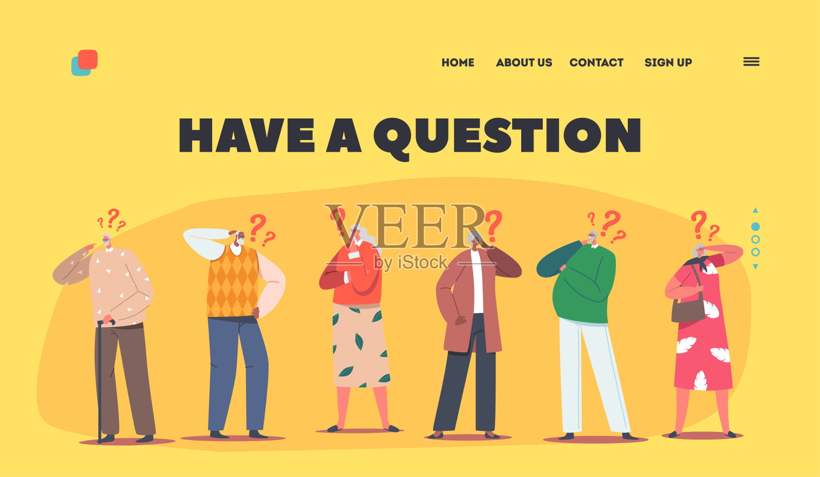 高级角色思考,有一个问题登陆页面模板。患有阿尔茨海默症的健忘、沉思的老年人插画图片素材