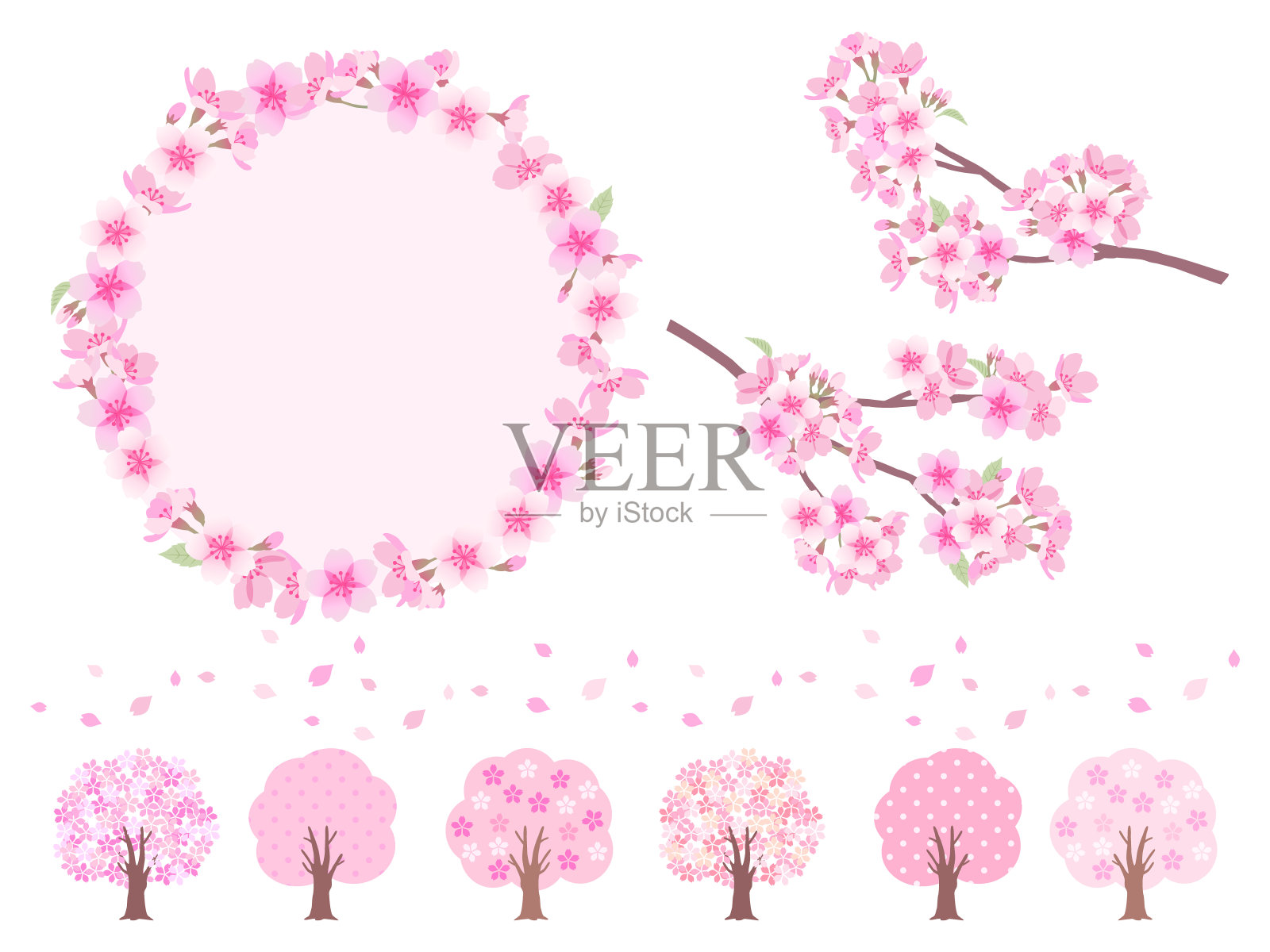 樱花枝,树和框架的插图集设计元素图片