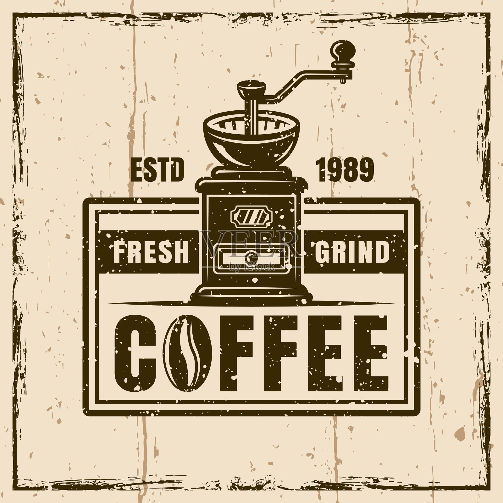 咖啡屋彩色矢量复古徽章,徽章,标签研磨机。背景插图与grunge纹理和帧矢量插图插画图片素材