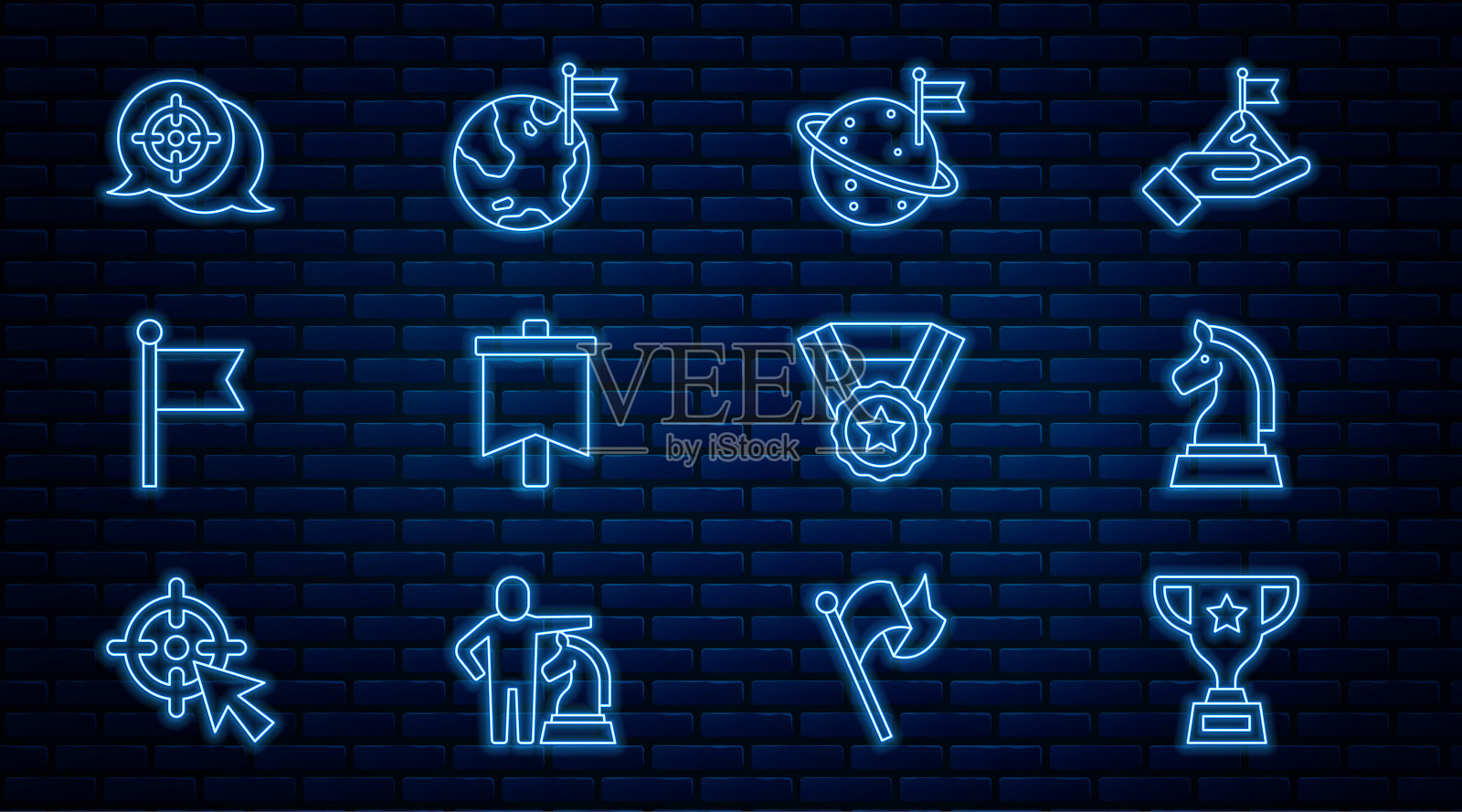 设置线奖励杯,象棋,月亮与旗帜,旗帜,目标,奖章和行星图标。向量图标素材