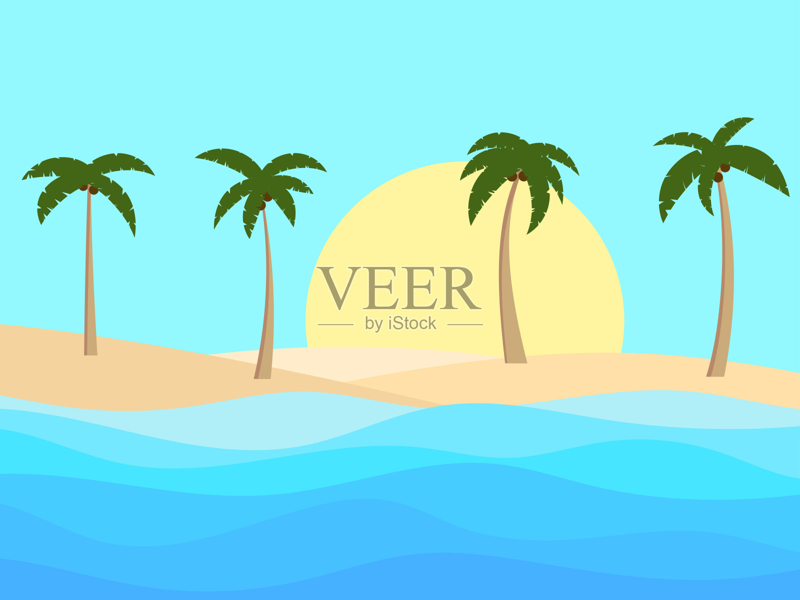 沙滩上的棕榈树。海岸边有棕榈树的热带景观。夏天的时间。广告宣传册、海报、旅行社设计。矢量图插画图片素材