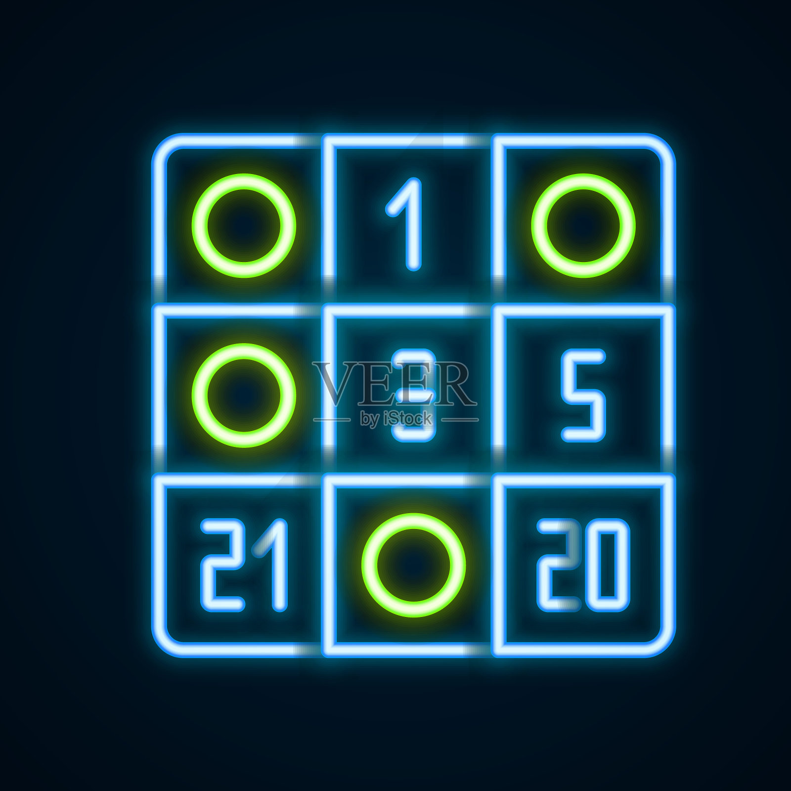 发光霓虹灯线宾果卡与幸运数字图标孤立在黑色背景。色彩斑斓的轮廓的概念。向量插画图片素材