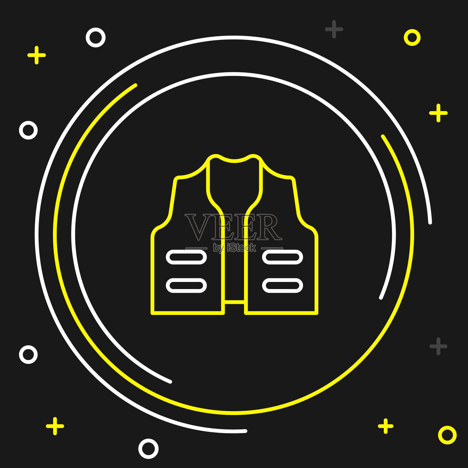 线钓鱼夹克图标孤立在黑色背景上。钓鱼背心。色彩斑斓的轮廓的概念。向量插画图片素材