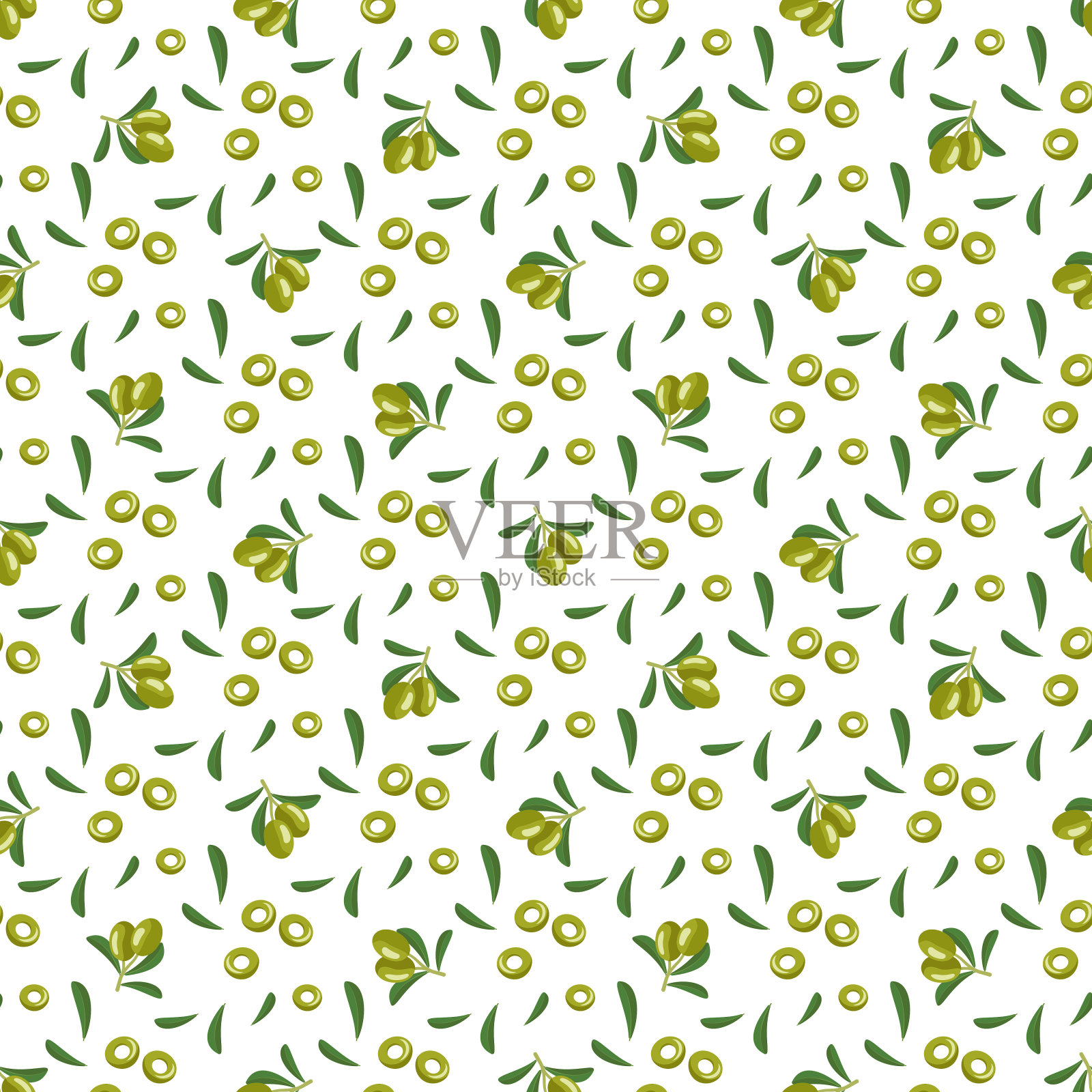 绿色橄榄的枝干和果实的无缝图案插画图片素材