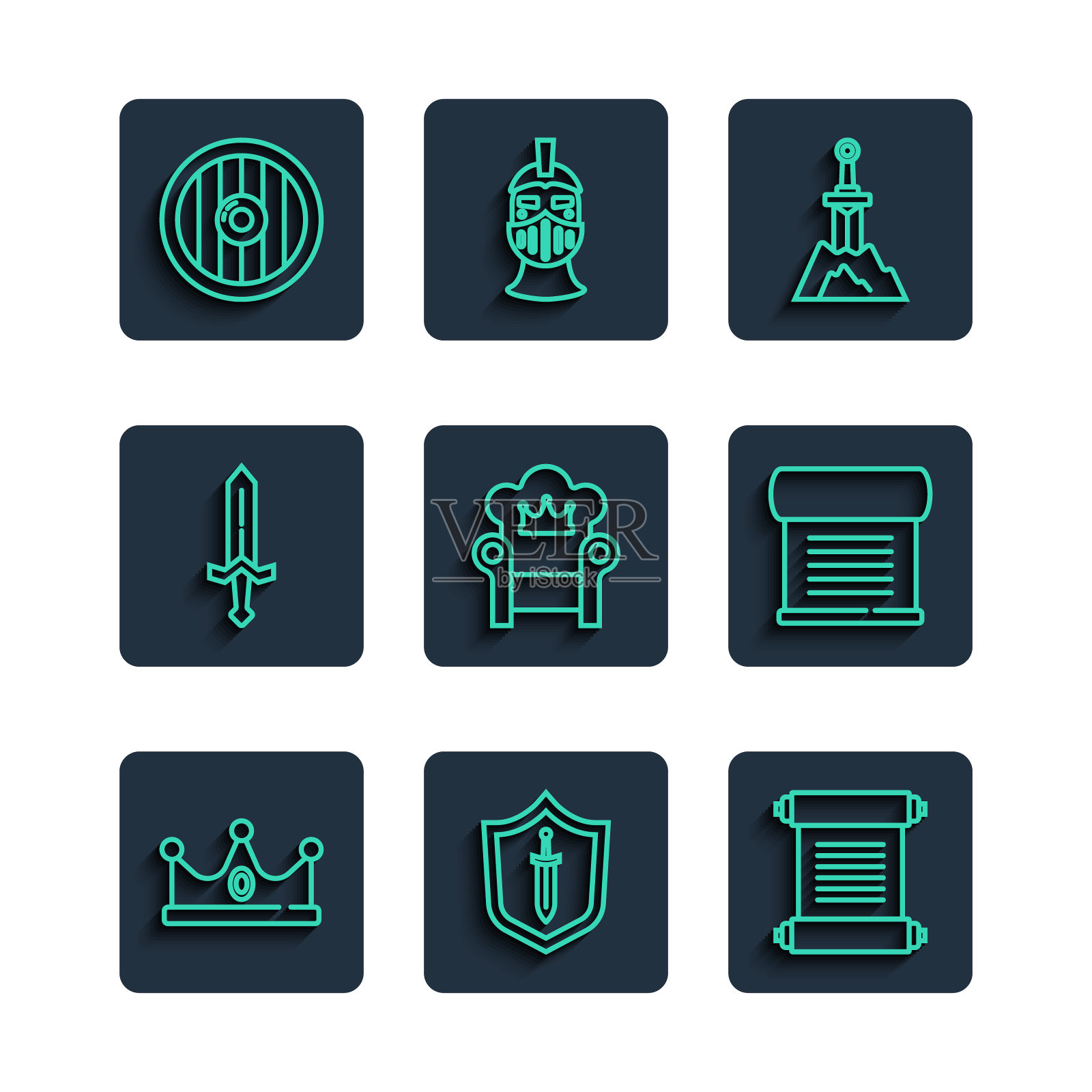 设置线国王王冠,中世纪盾牌与剑,法令,羊皮纸,卷轴,剑石,宝座,圆形木制和图标。向量图标素材