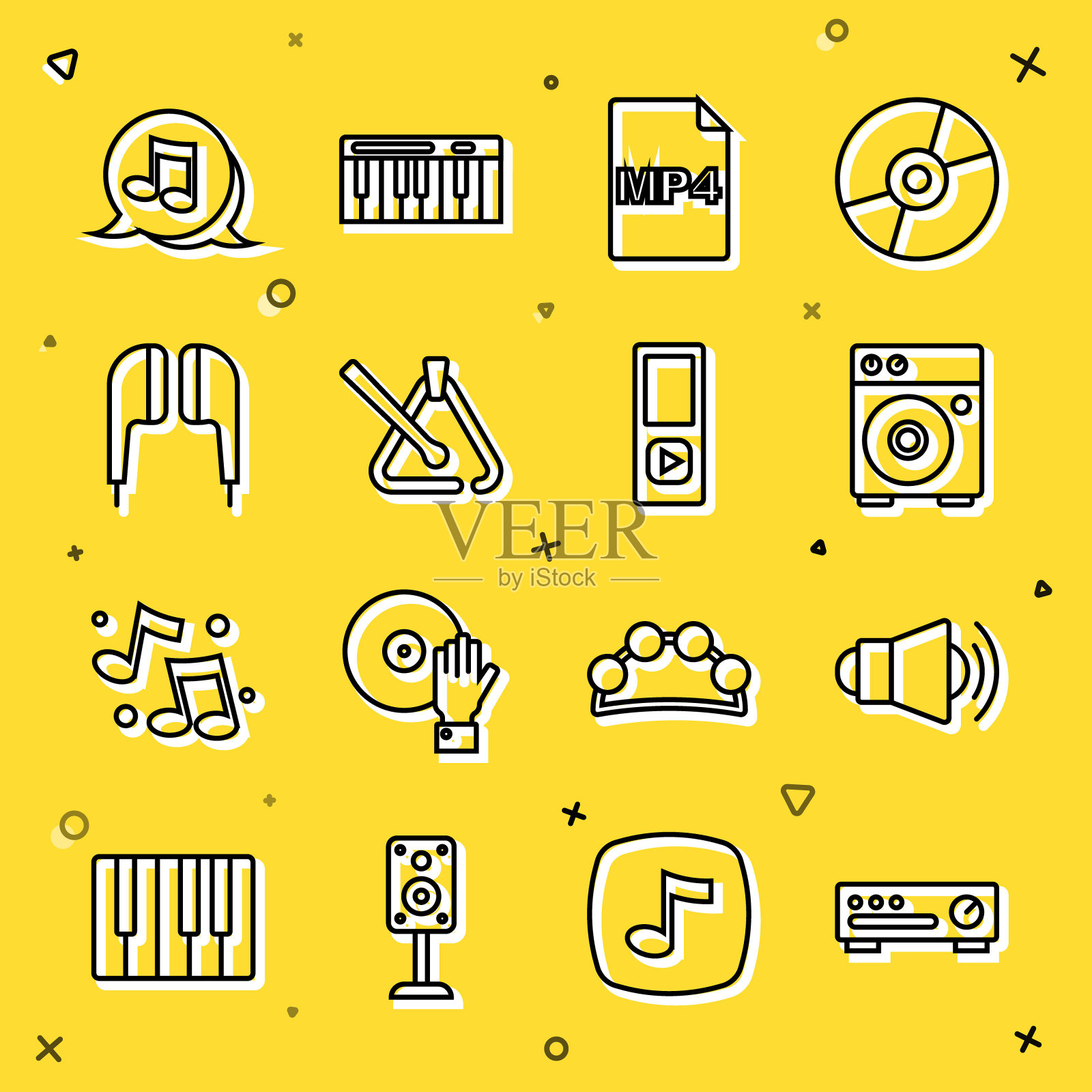 混音控制器,扩音器,吉他放大器,MP4文件文件,三角乐器,空气耳机,乐谱,音调和播放器图标。向量图标素材