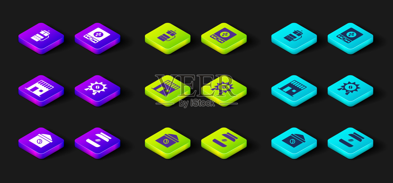 集咖啡豆袋,咖啡瓶,商店,奖牌,电子秤和法式press图标。向量图标素材