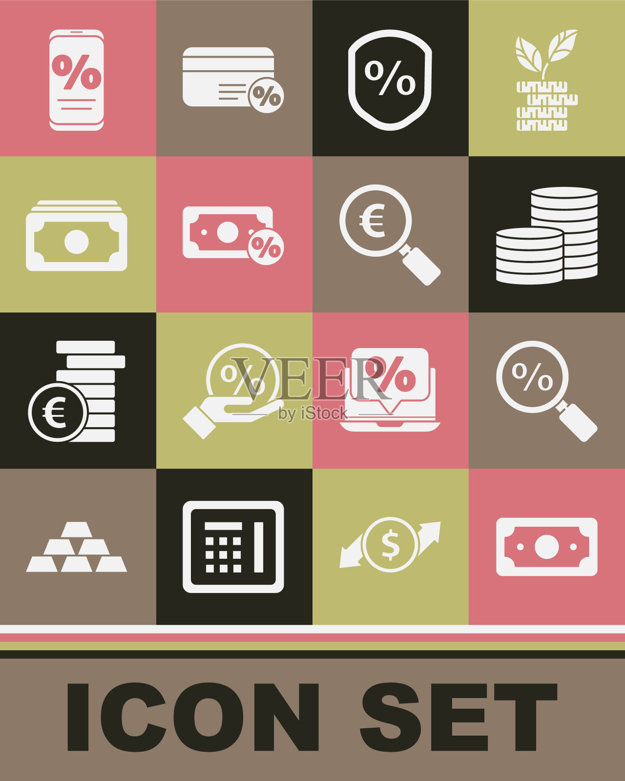 设置堆栈纸币现金,放大镜与百分比,硬币,贷款,金钱,百分比折扣和移动和欧元的图标。向量图标素材