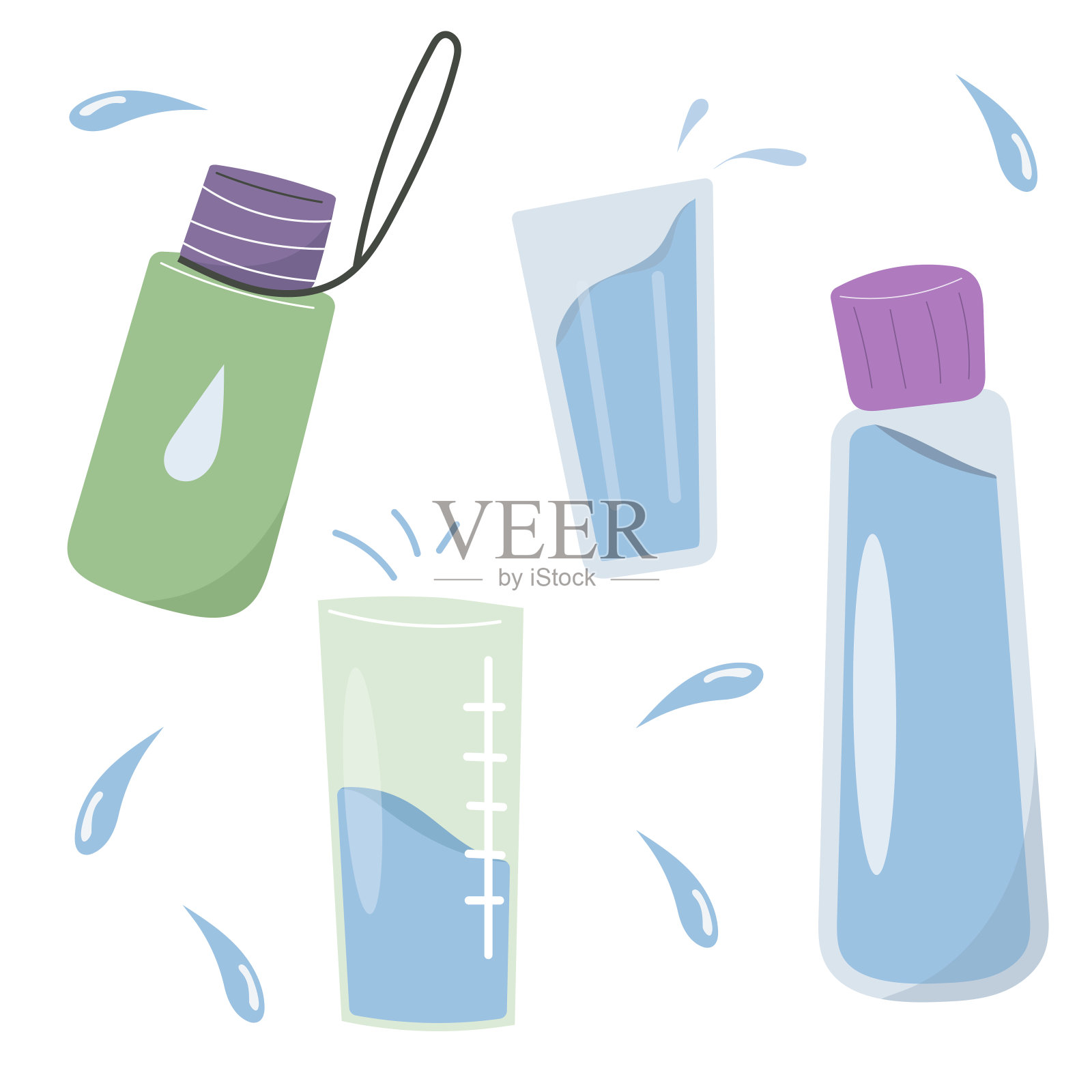 概念喝更多的水,饮用水在保温瓶和塑料杯,玻璃瓶。插画图片素材