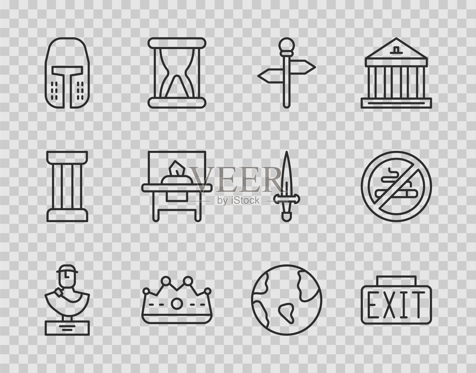 集古代半身像、出口标志、道路交通路标、国王皇冠、中世纪铁头盔、玻璃展柜、地球仪、禁烟标志于一体。向量图标素材