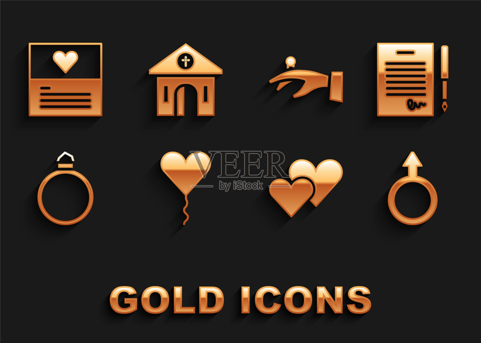 心形气球,婚姻合同,男性性别象征,心,钻石订婚戒指,结婚戒指手,贺卡和教堂建筑图标。向量图标素材