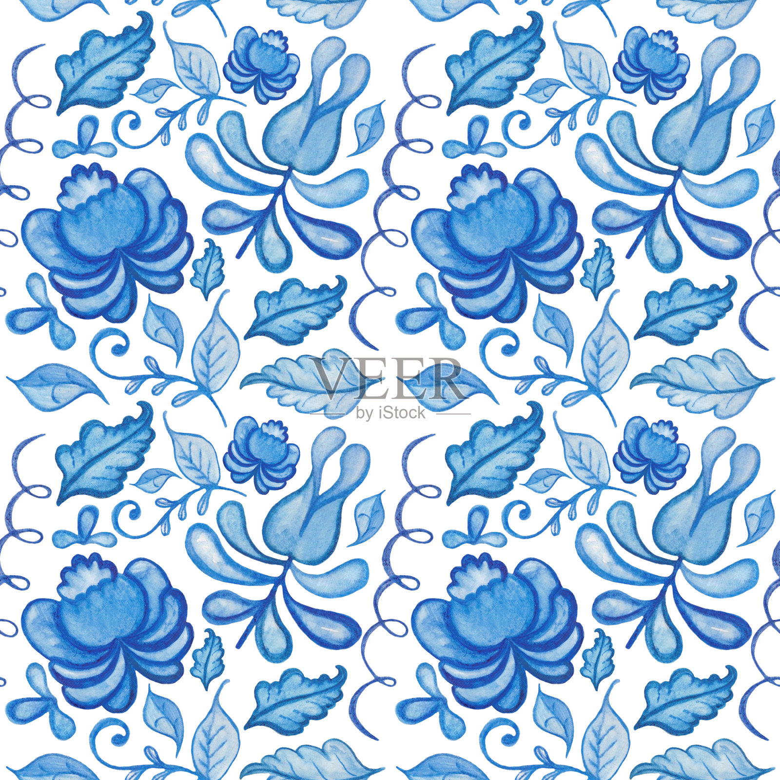 Gzhel水彩图案。俄罗斯国家无缝图案与叶子,花朵。蓝芽。白色背景上的花插画图片素材