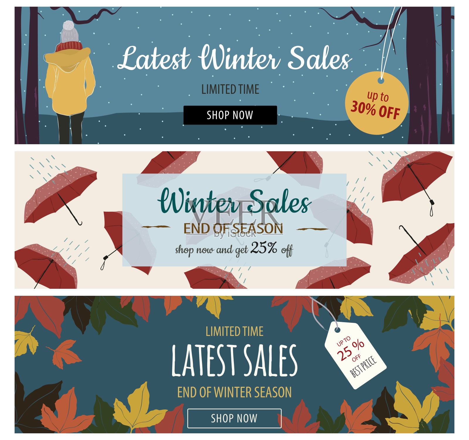 最终冬季销售水平条幅设置冬季销售结束时的水平条幅。多色雨伞图案,森林景观,冬季树叶图案。与价格标签,商店现在按钮和提供文本。向量。设计元素图片