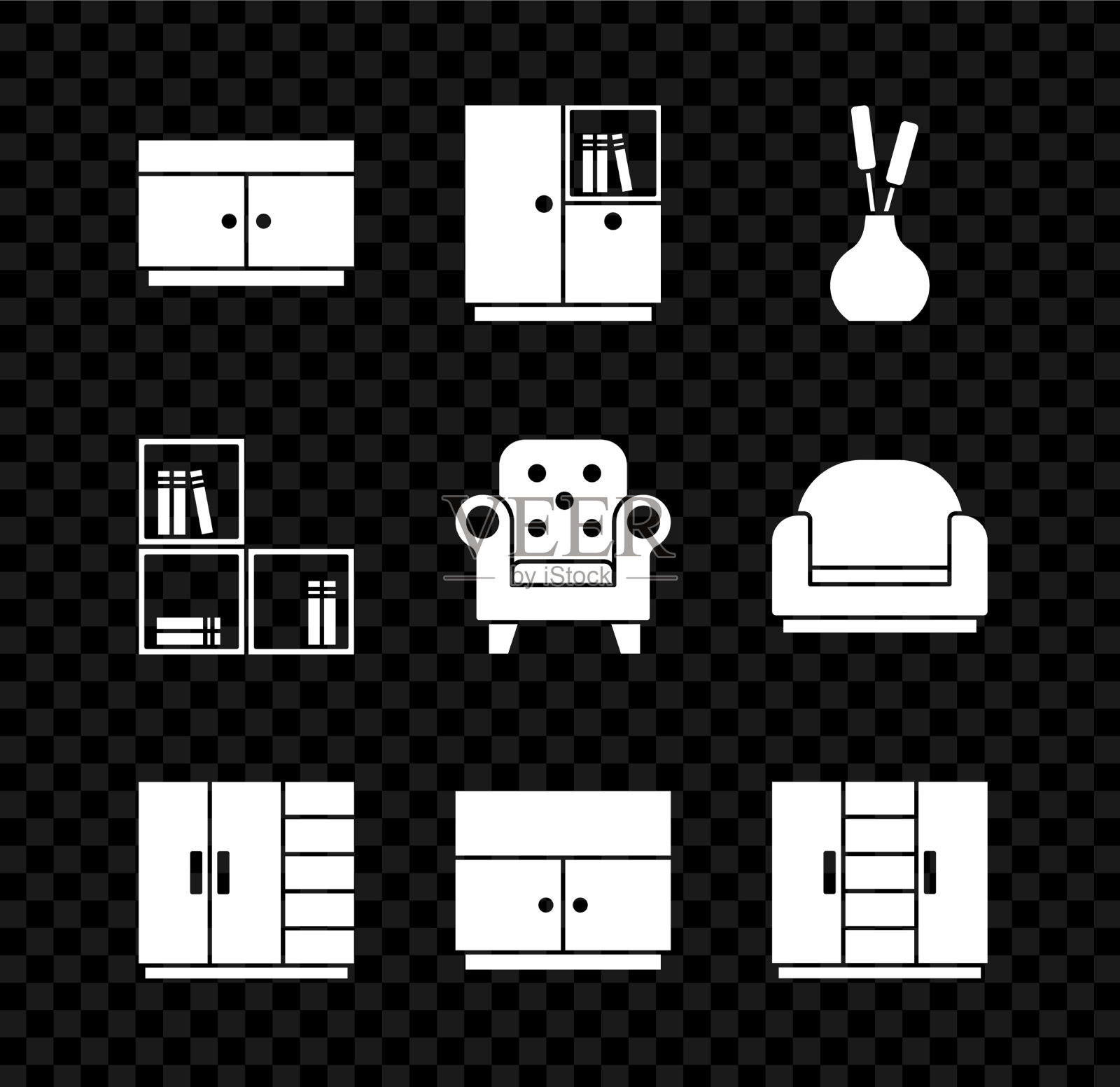 设抽屉柜、衣柜、花瓶搁板和图标素材