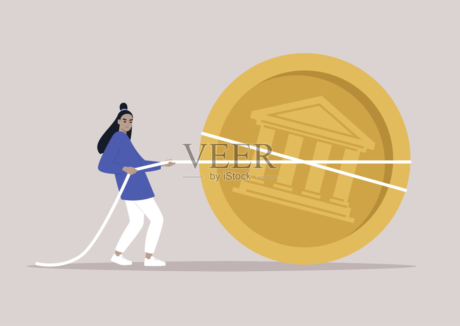 创业融资:年轻的角色拉着一枚巨大的金币,在商业上拔河,募捐活动插画图片素材