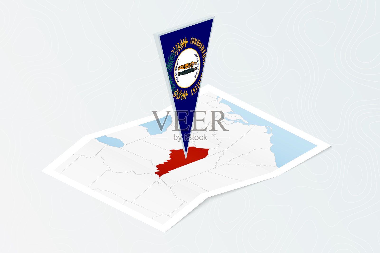 肯塔基州的等距纸地图,上面有等距风格的肯塔基州三角旗。地形图背景图。插画图片素材