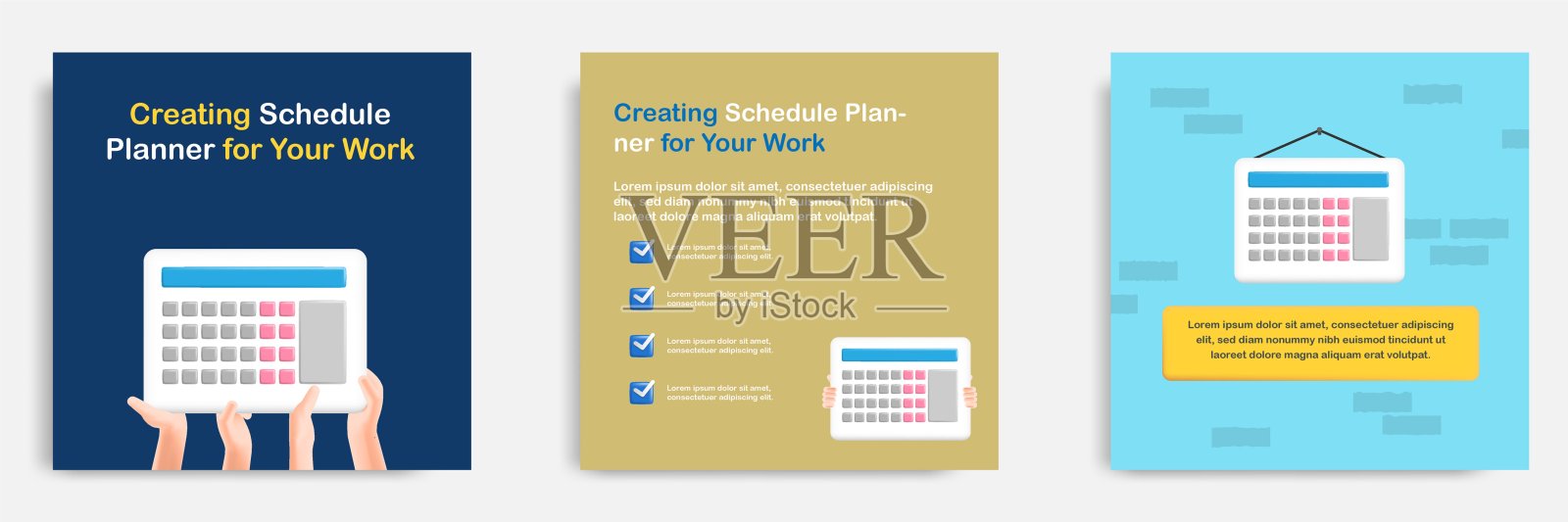 社交媒体信息张贴横幅模板设计在3D卡通风格,悬挂日历计划表概念与多色。插画图片素材