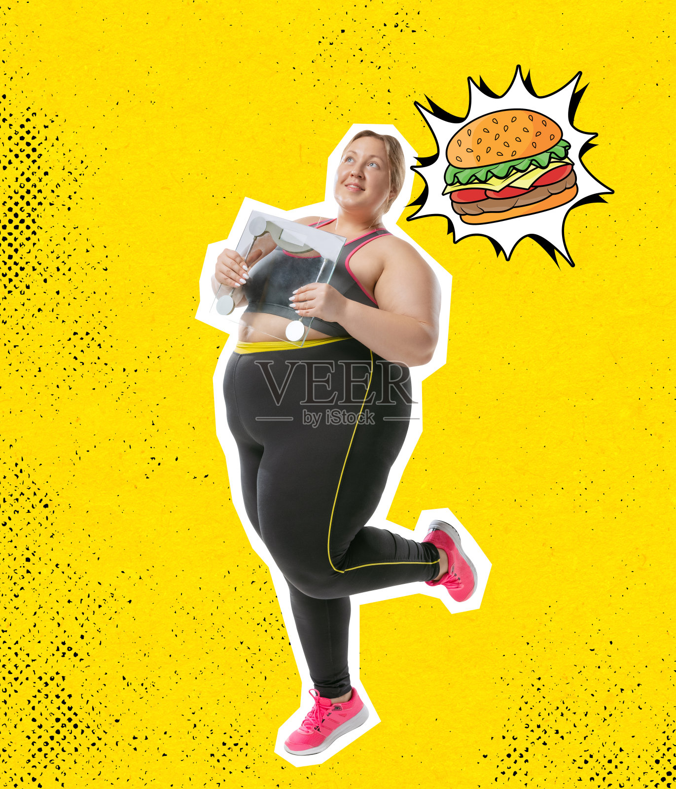当代艺术拼贴。穿着运动服的胖女人,黄色霓虹灯背景下的垃圾食品。减肥的概念。照片摄影图片