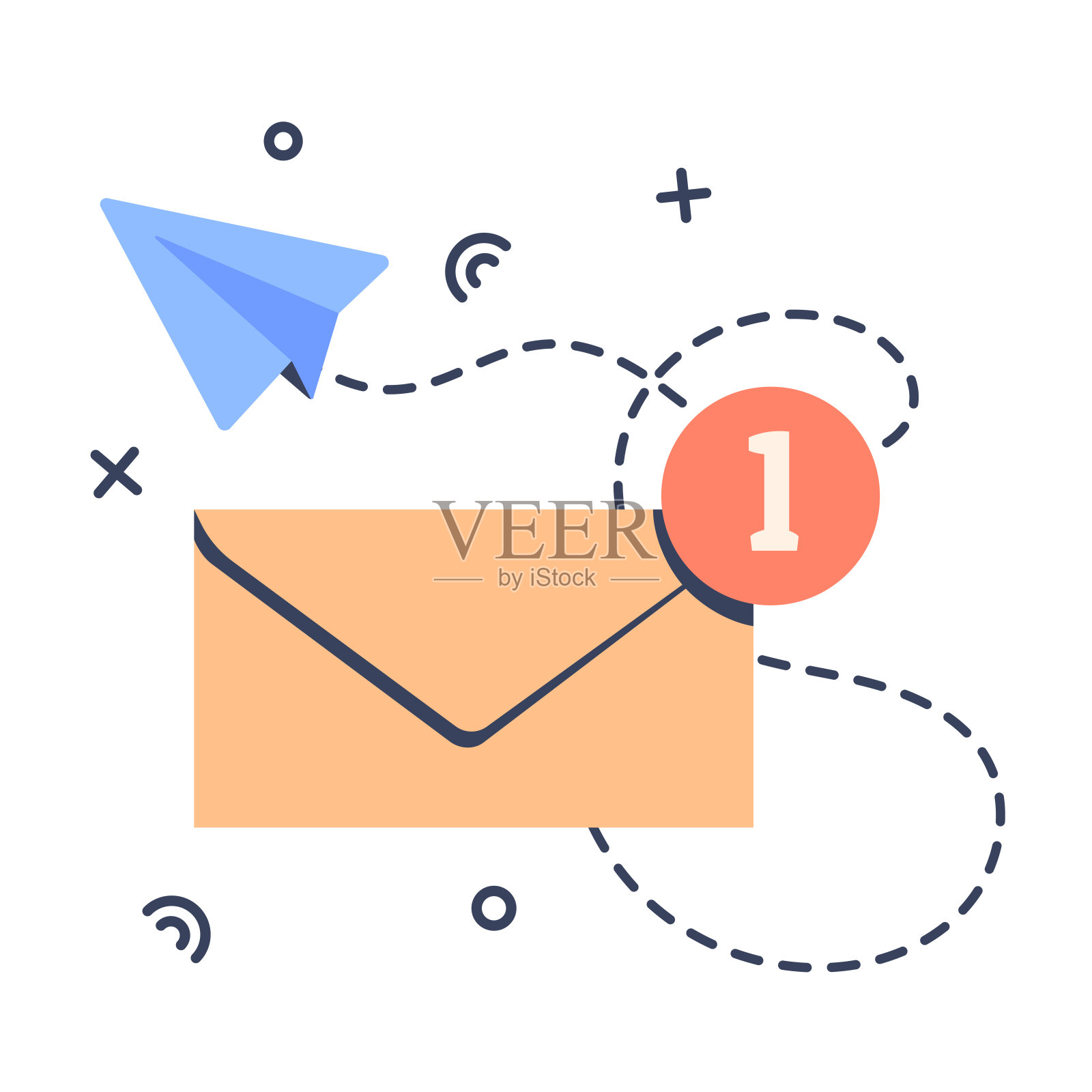 消息通知和发送消息。有新邮件的信封,纸飞机。通信的概念。社交网络图标。矢量平面卡通插图图标素材