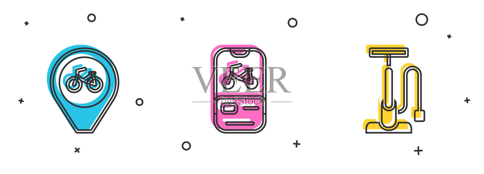 设置位置与自行车,自行车租赁移动应用程序和气泵图标。向量图标素材