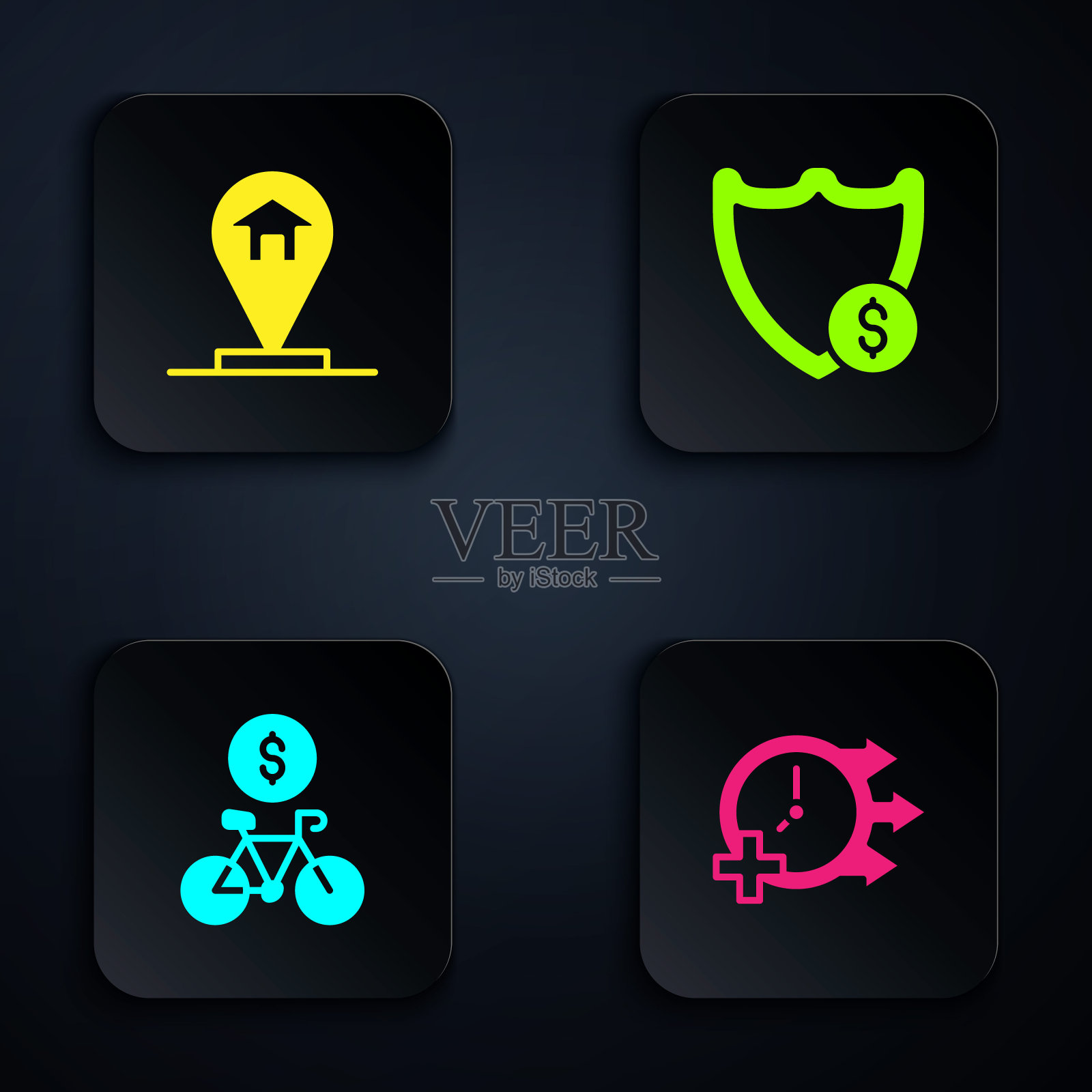 设置时钟,位置房子,自行车租赁移动应用程序和盾牌与美元。黑色方形按钮。向量图标素材