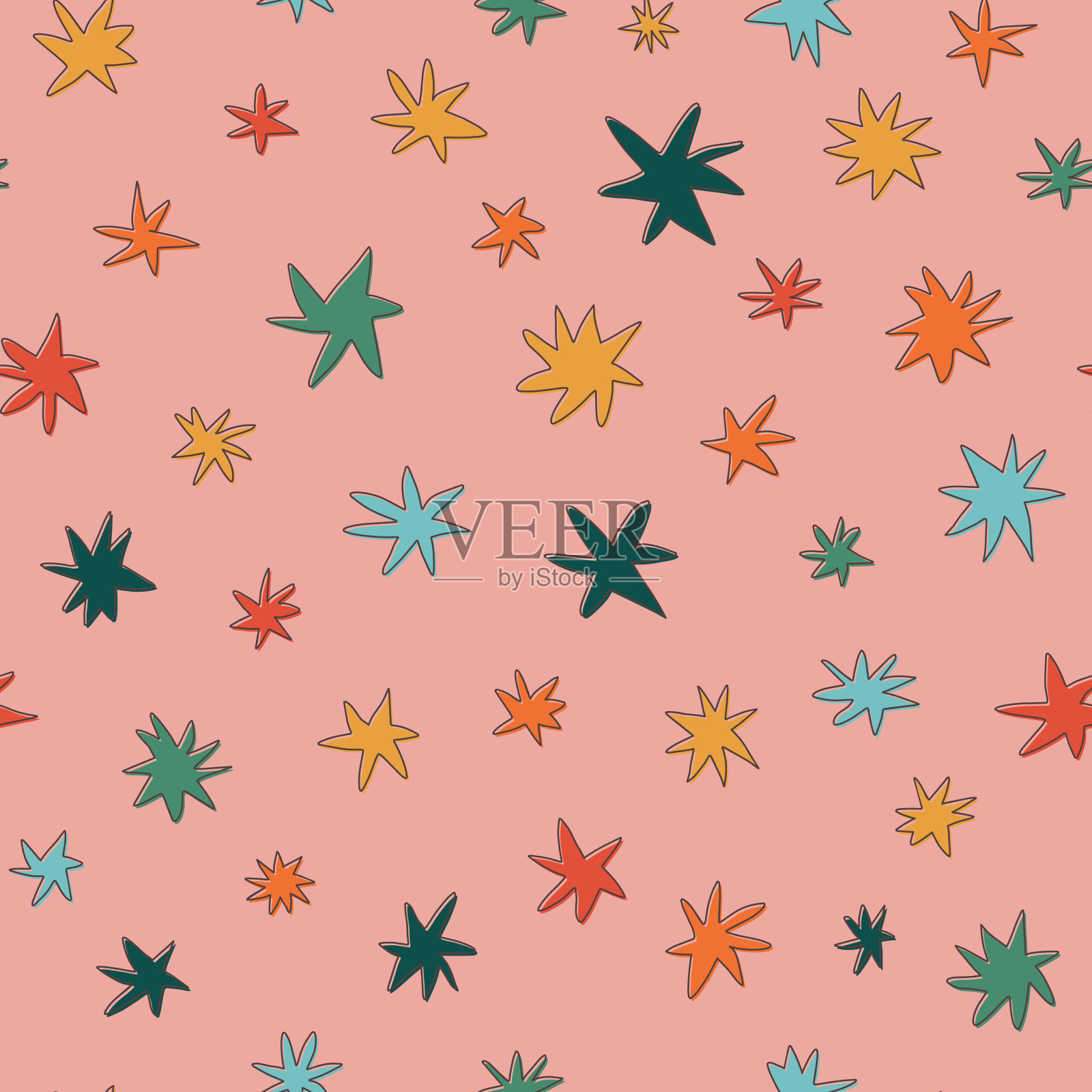 可爱的明星无缝图案在流行的70年代复古风格和苍白的调色板。矢量手绘插图墙纸,包装纸,覆盖,纺织品,织物打印和其他设计。插画图片素材