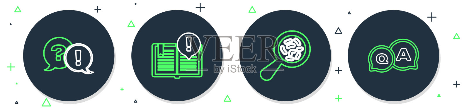 设置线有趣的事实,微生物放大,问题和惊叹和回答图标。向量插画图片素材