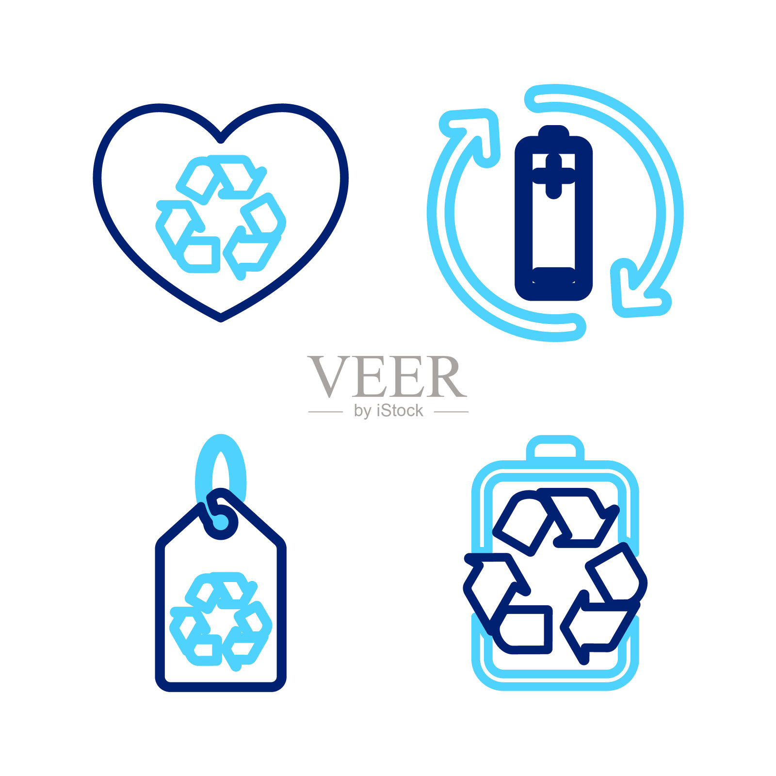 设置线电池回收,标签,和生态友好的心脏图标。向量图标素材