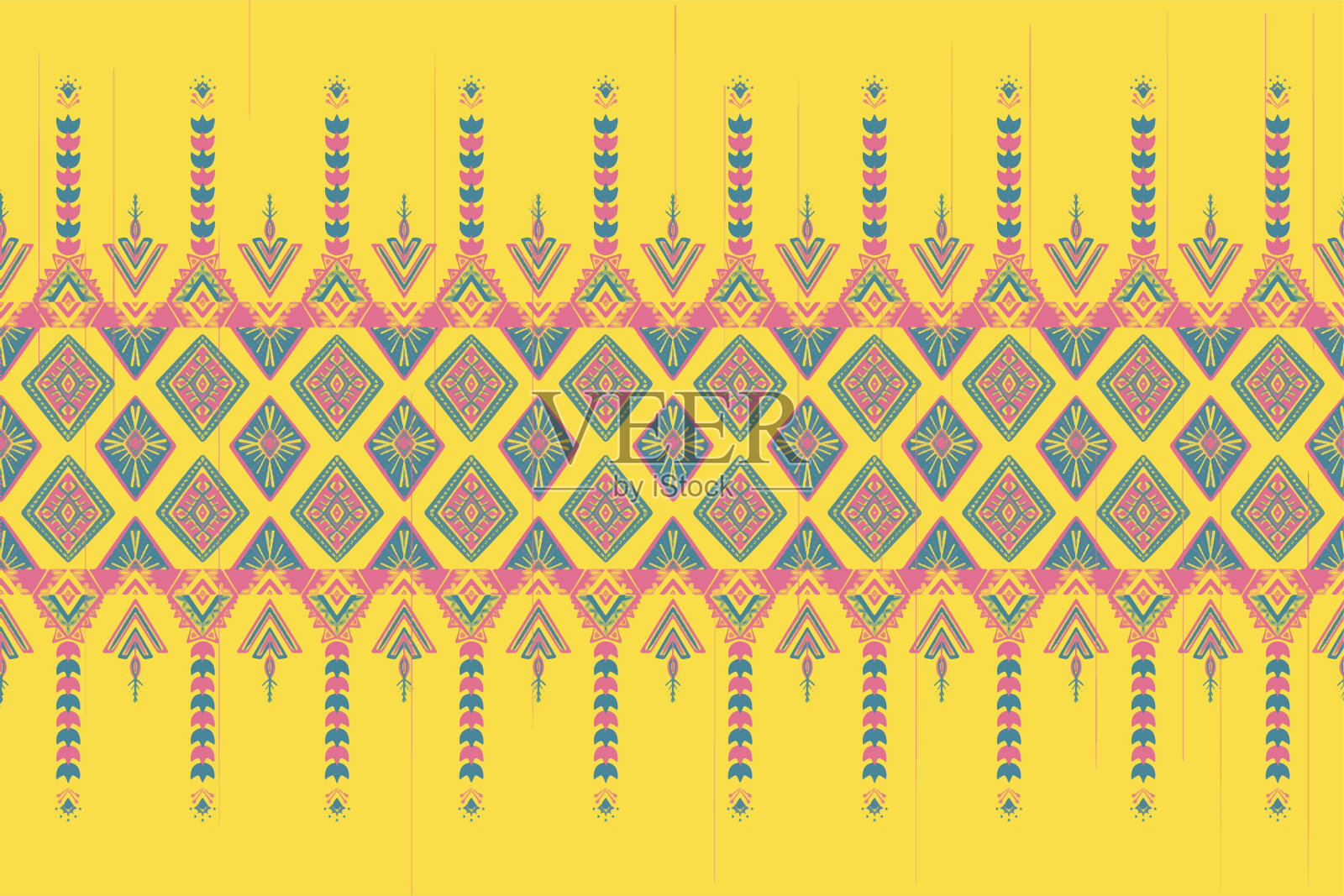 黄色上的粉色和蓝色的花。几何民族东方图案传统设计背景,地毯,壁纸,服装,包装,蜡染,织物,矢量插图刺绣风格插画图片素材