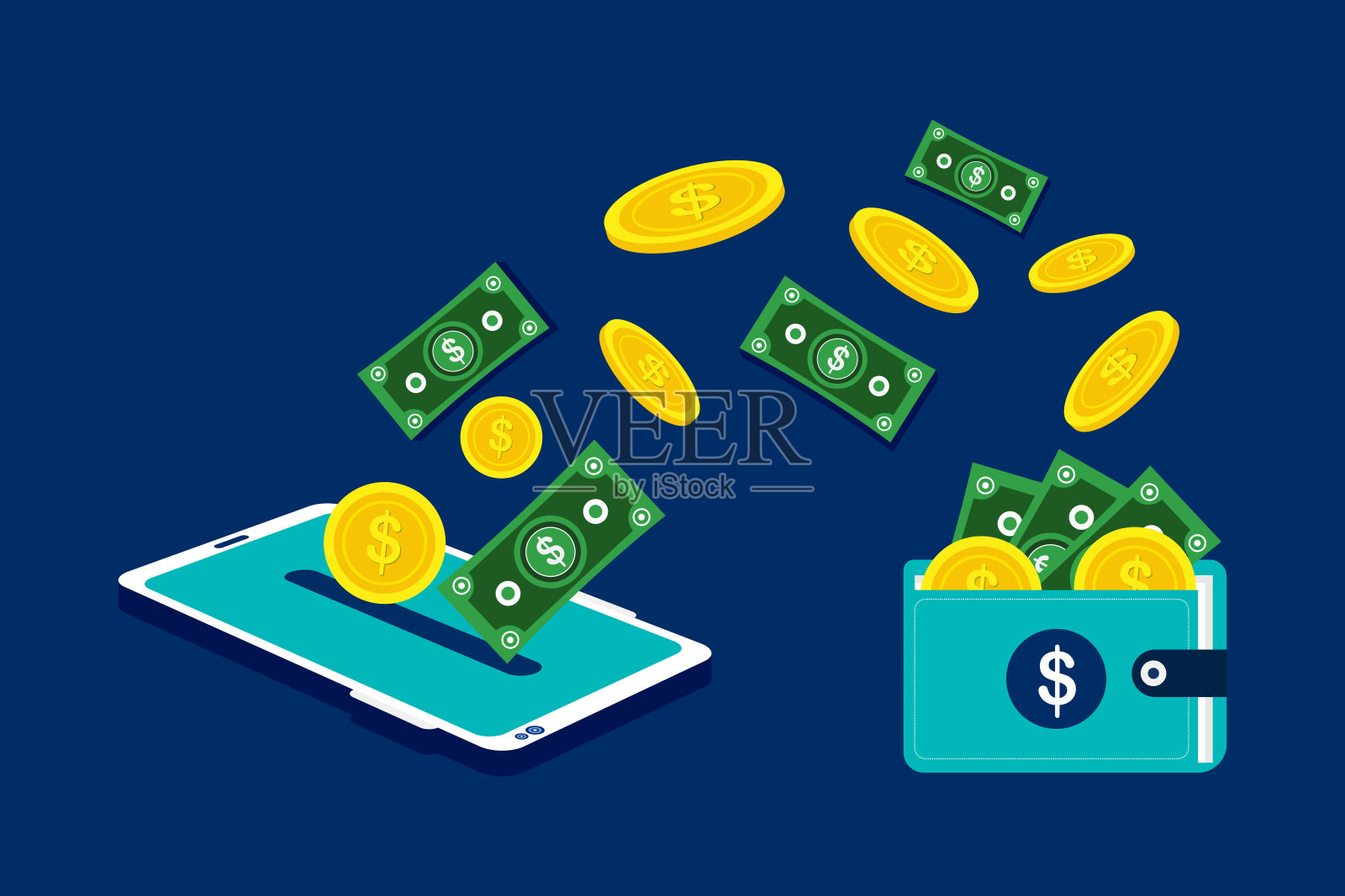 从钱包到手机的等距矢量设计。数字支付或在线返现服务。手机银行交易概念插画图片素材