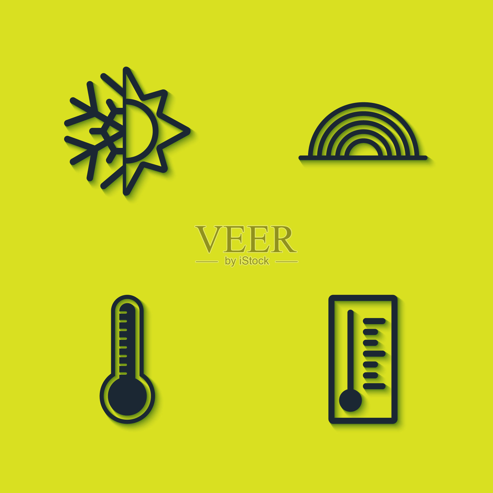 日落和雪花,气象温度计,和彩虹图标。向量图标素材