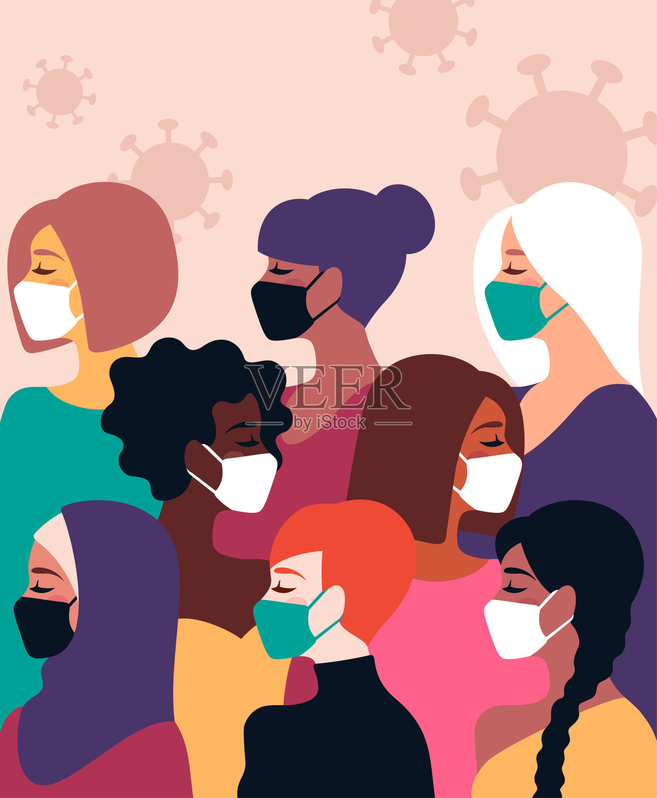 冠状病毒隔离妇女戴口罩插画图片素材