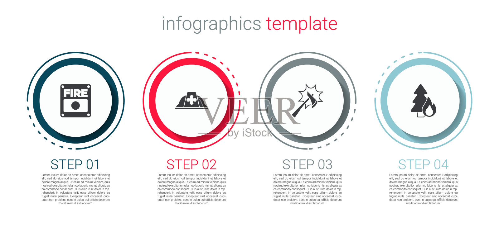 设置消防报警系统、消防头盔、斧头和燃烧的森林树木。业务信息模板。向量设计模板素材