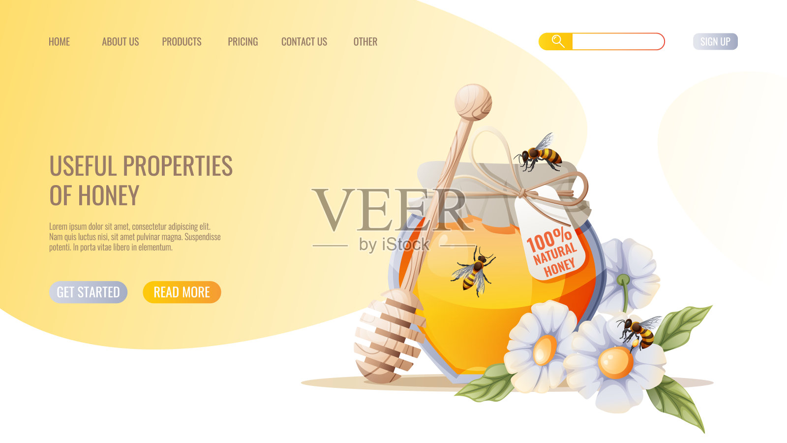 蜂蜜产品。一罐蜂蜜,蜜蜂。蜜店网页设计模板。矢量插图的横幅,广告,网页,封面插画图片素材