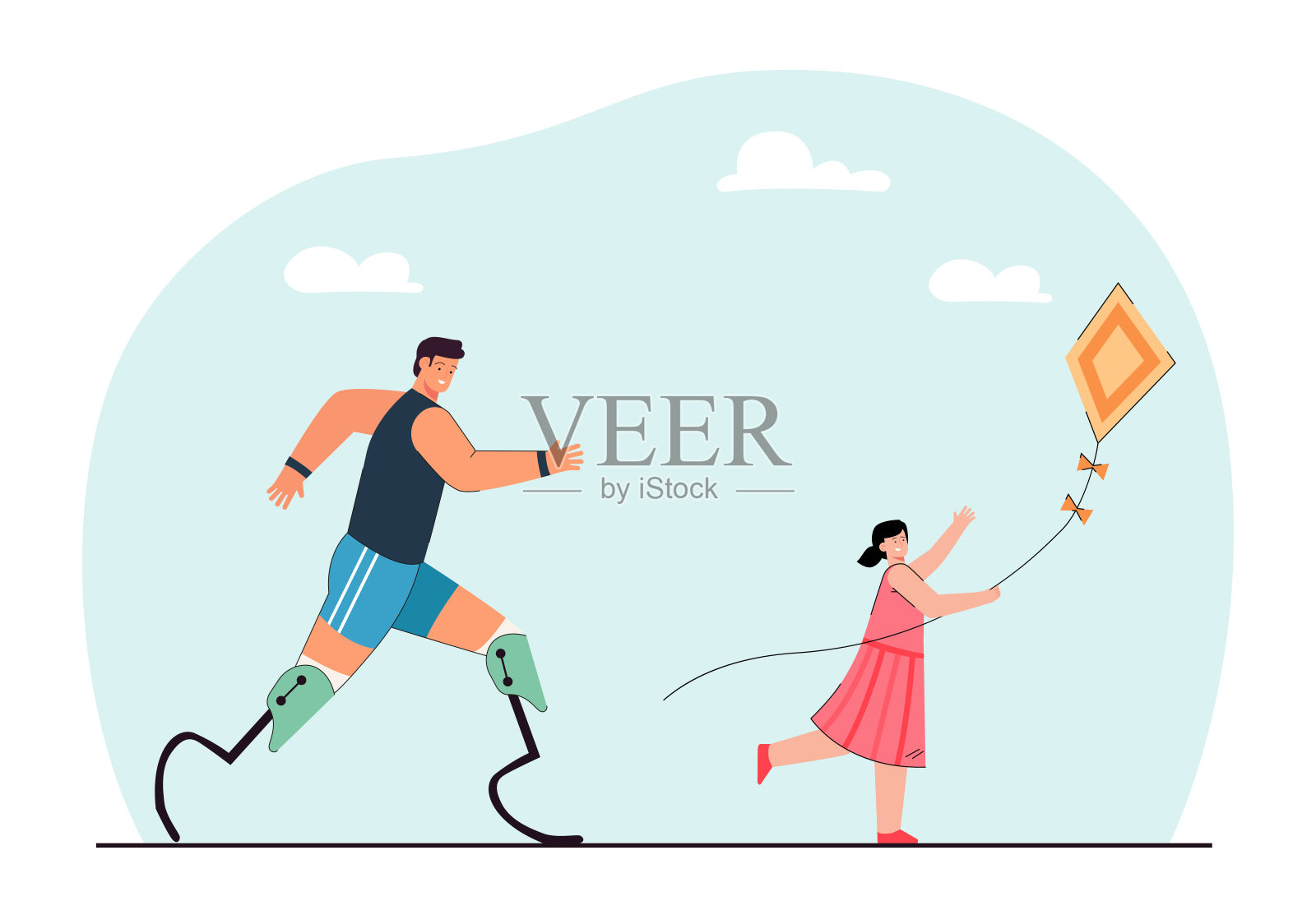 戴着假肢的男人追着放风筝的女孩插画图片素材