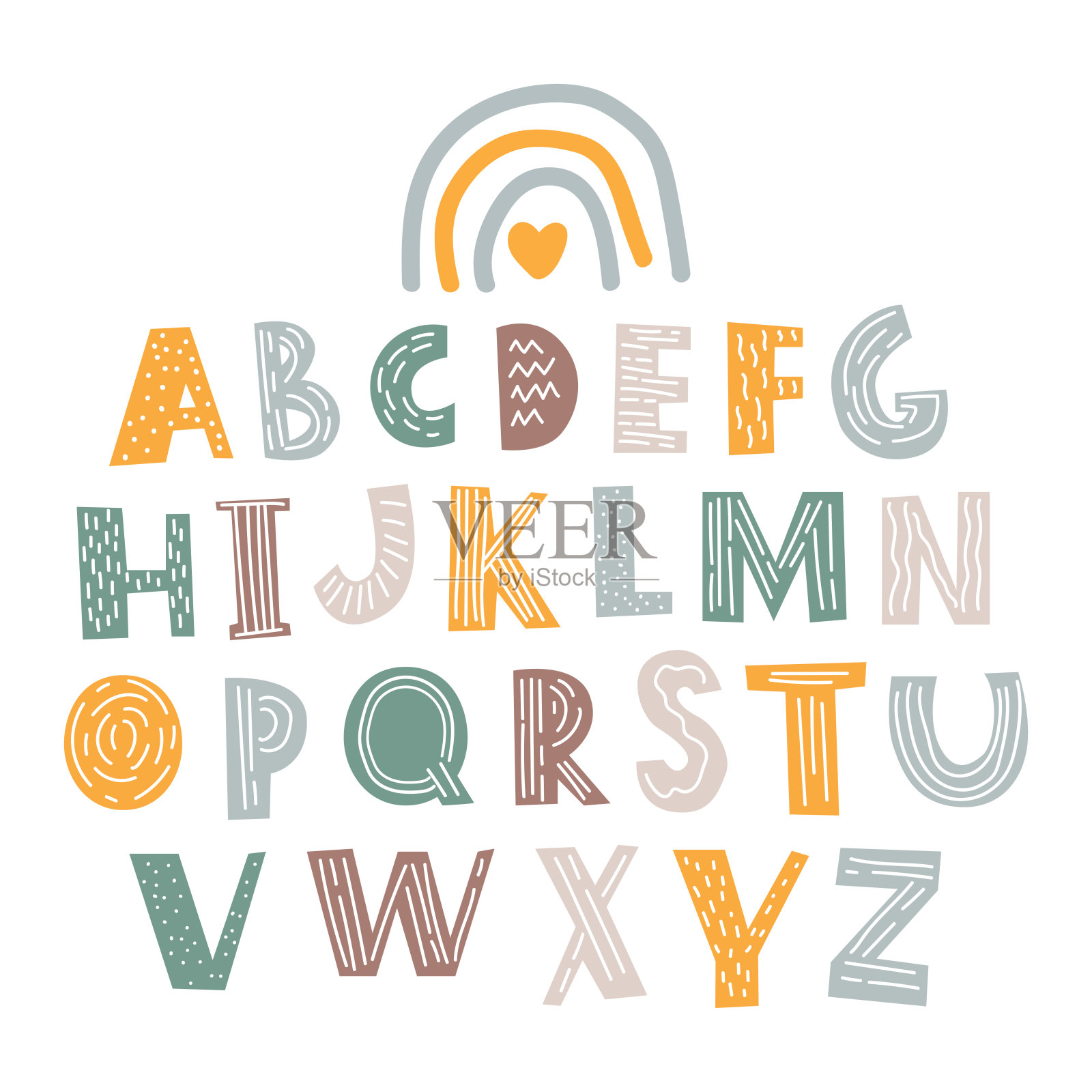 波西米亚风格的儿童可爱字母。北欧刻字。它也可以用于海报,封面,横幅和更多。插画图片素材