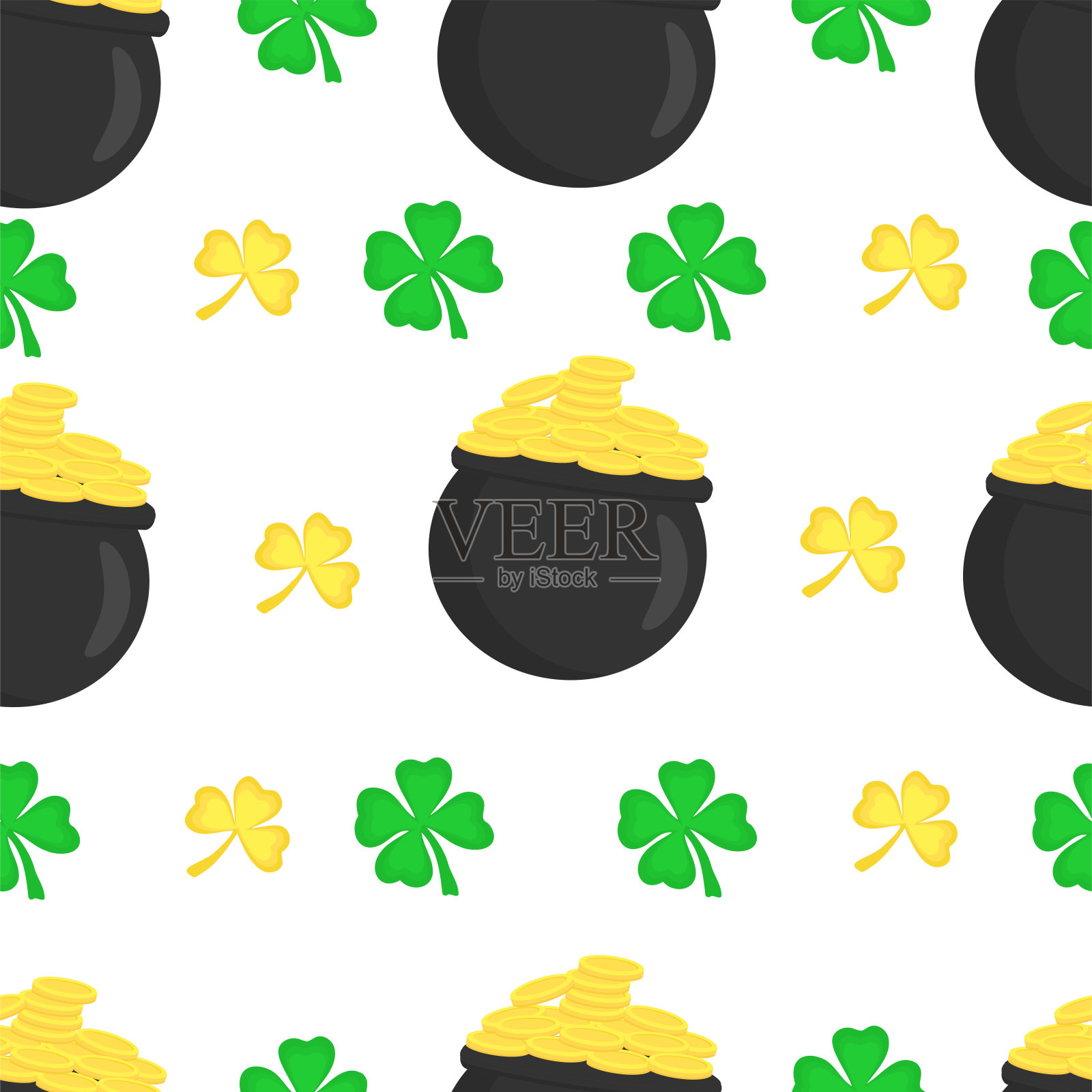 可爱的三叶草图案和与三叶草一起庆祝圣帕特里克节的硬币。啤酒节海报。t恤,印花,横幅,贺卡。插画图片素材