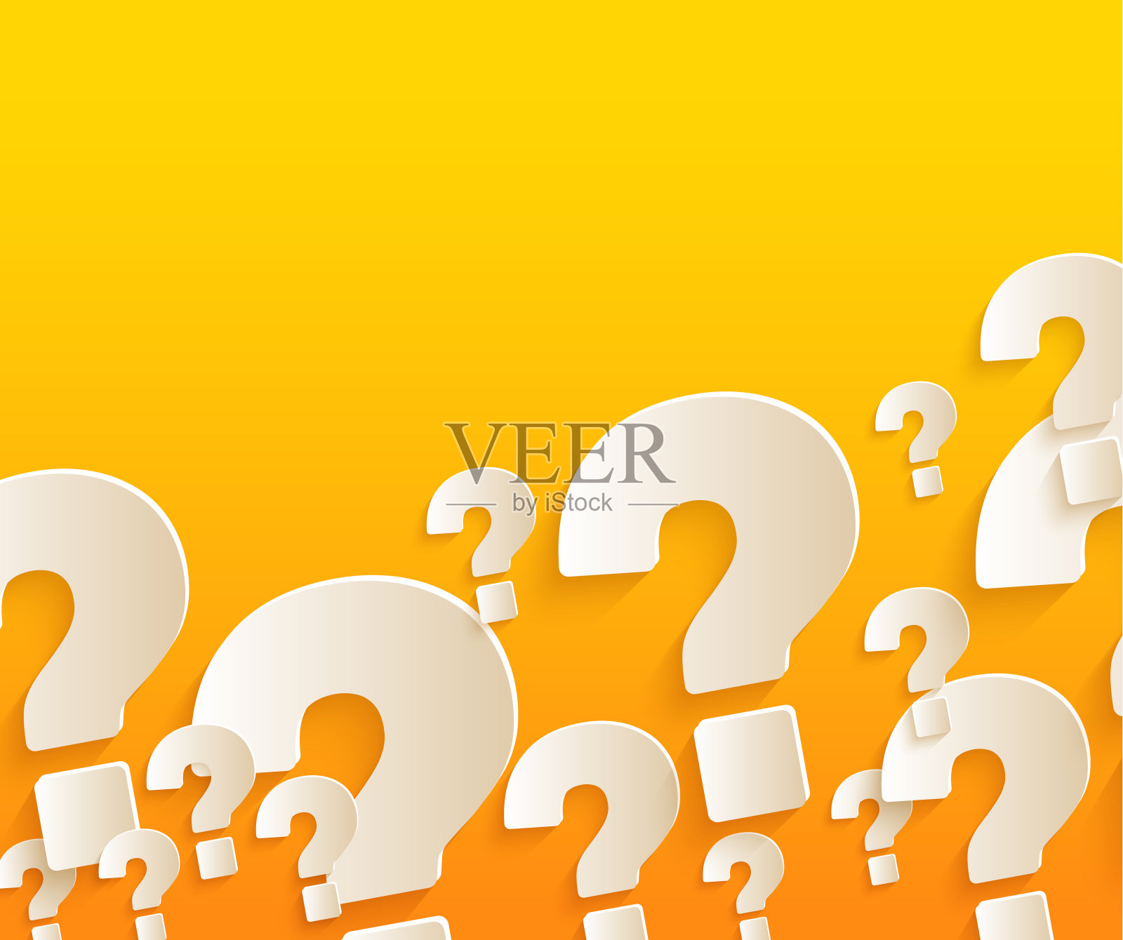 纸上有很多大大小小的问号,都放在亮橙色的背景上。插画图片素材