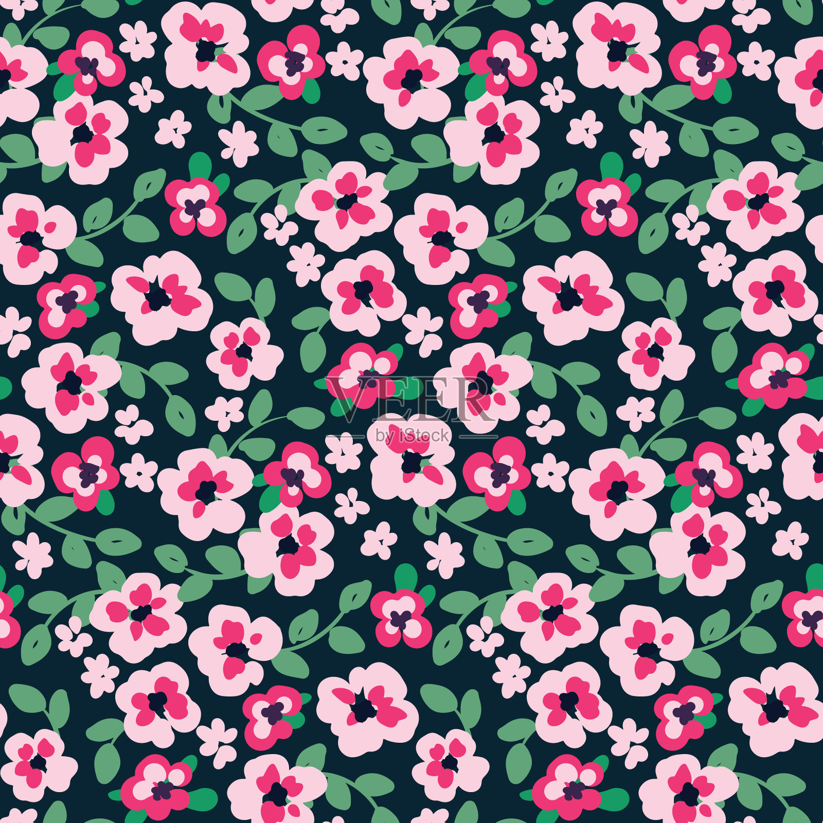 无缝图案与开花的草甸。自由的插花,粉红色的小花,在黑暗的原野上的叶子。可爱的花卉印花,艺术植物背景与手绘植物。向量。插画图片素材
