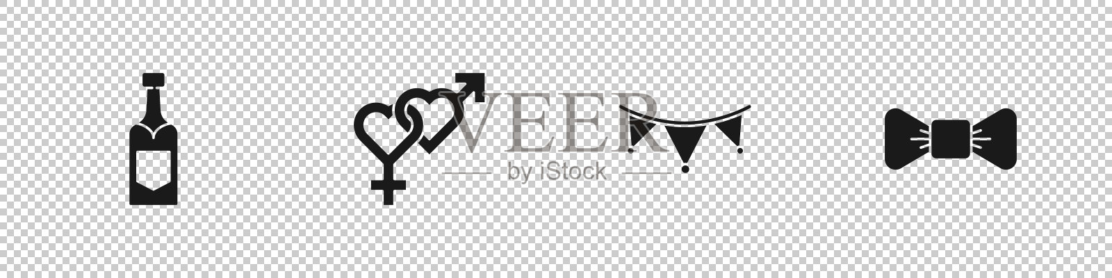 设置香槟瓶,性别,嘉年华花环与旗帜和蝴蝶结图标。向量图标素材