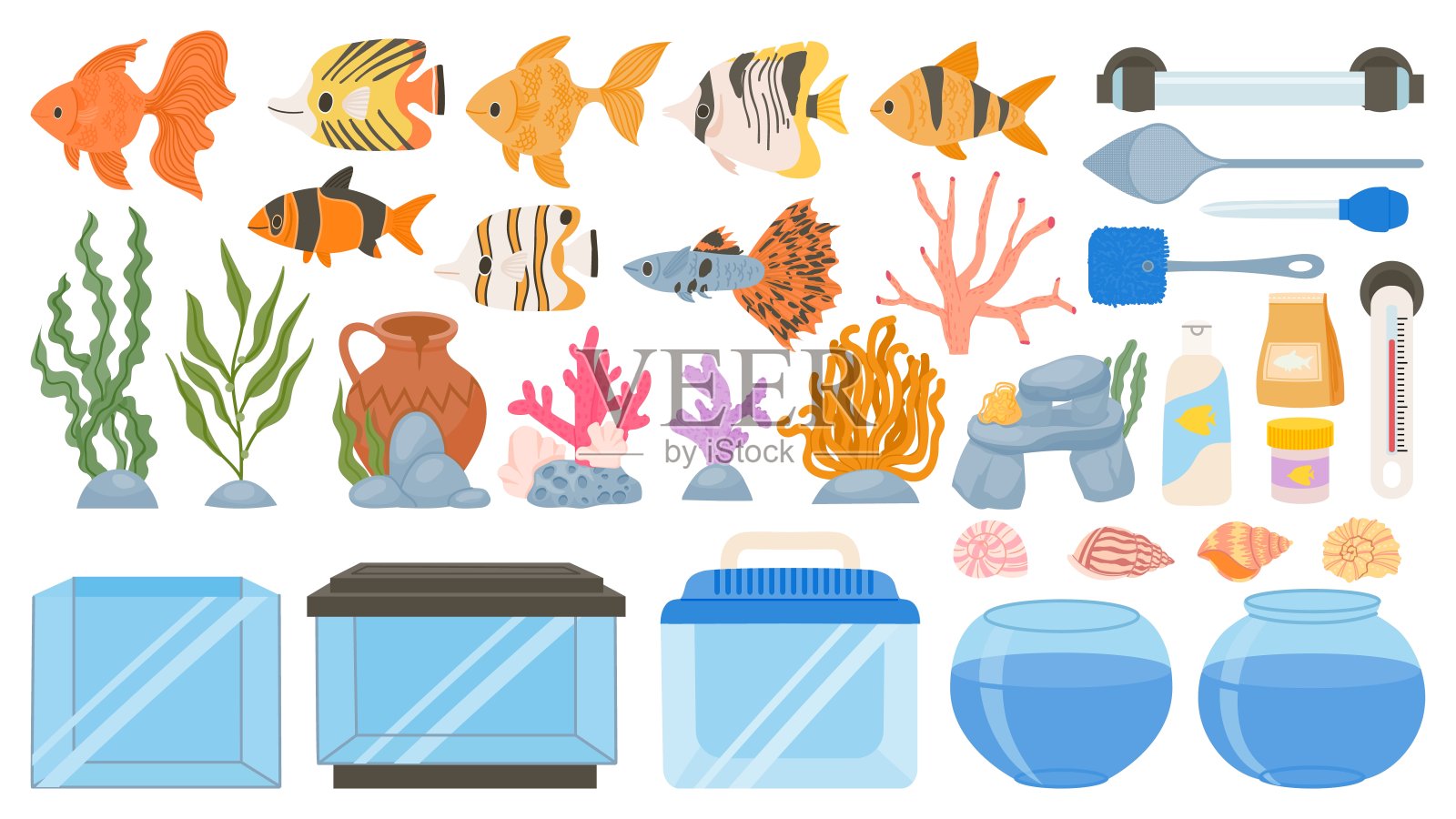 卡通水族鱼,食品,装饰,水箱,工具和设备。水下的海藻、珊瑚和贝壳。水族箱附件向量集设计元素图片