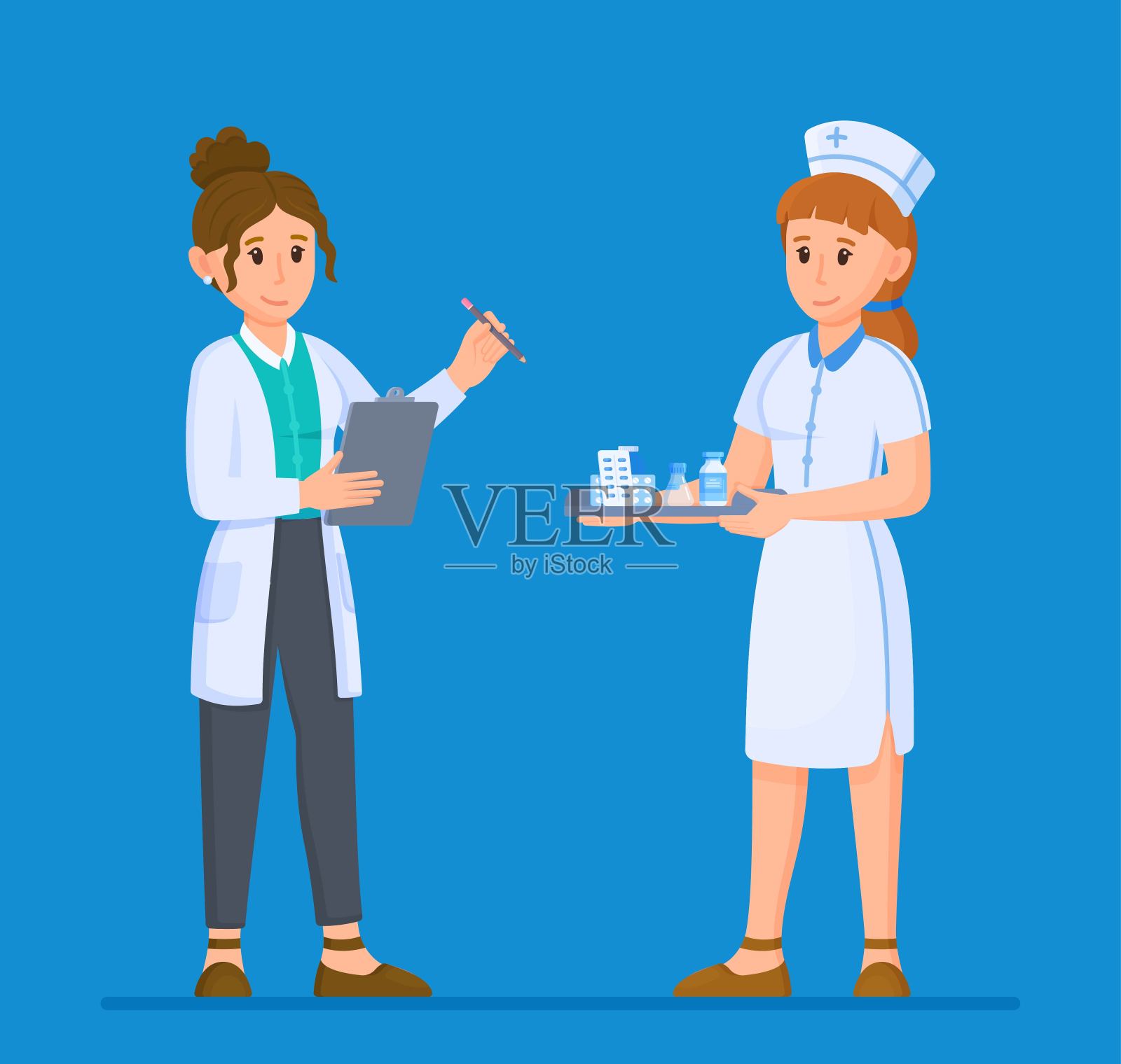 蓝色背景的治疗师和护士的矢量插图。医生的约会。插画图片素材