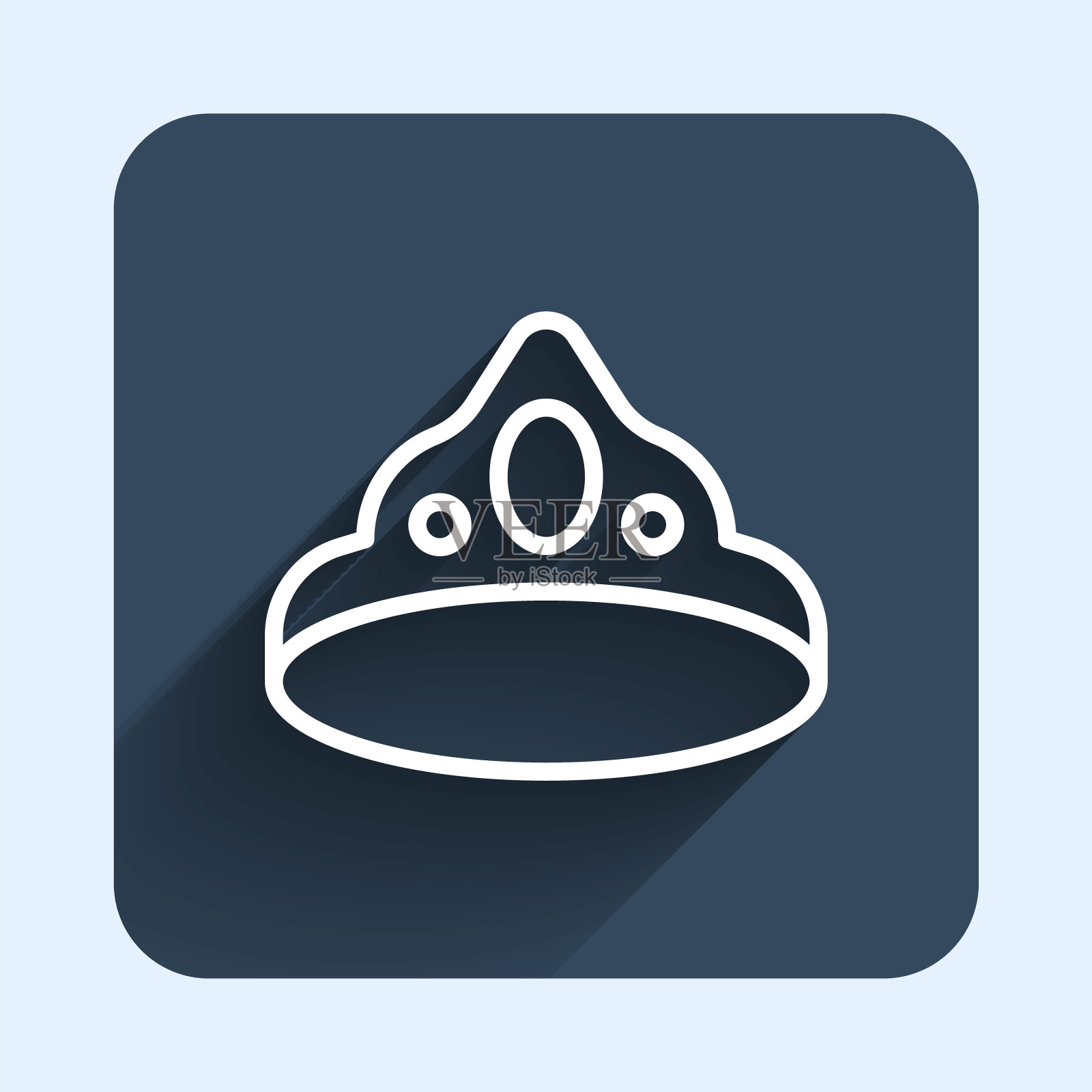 白线国王皇冠图标孤立与长阴影背景。蓝色方块按钮。向量图标素材