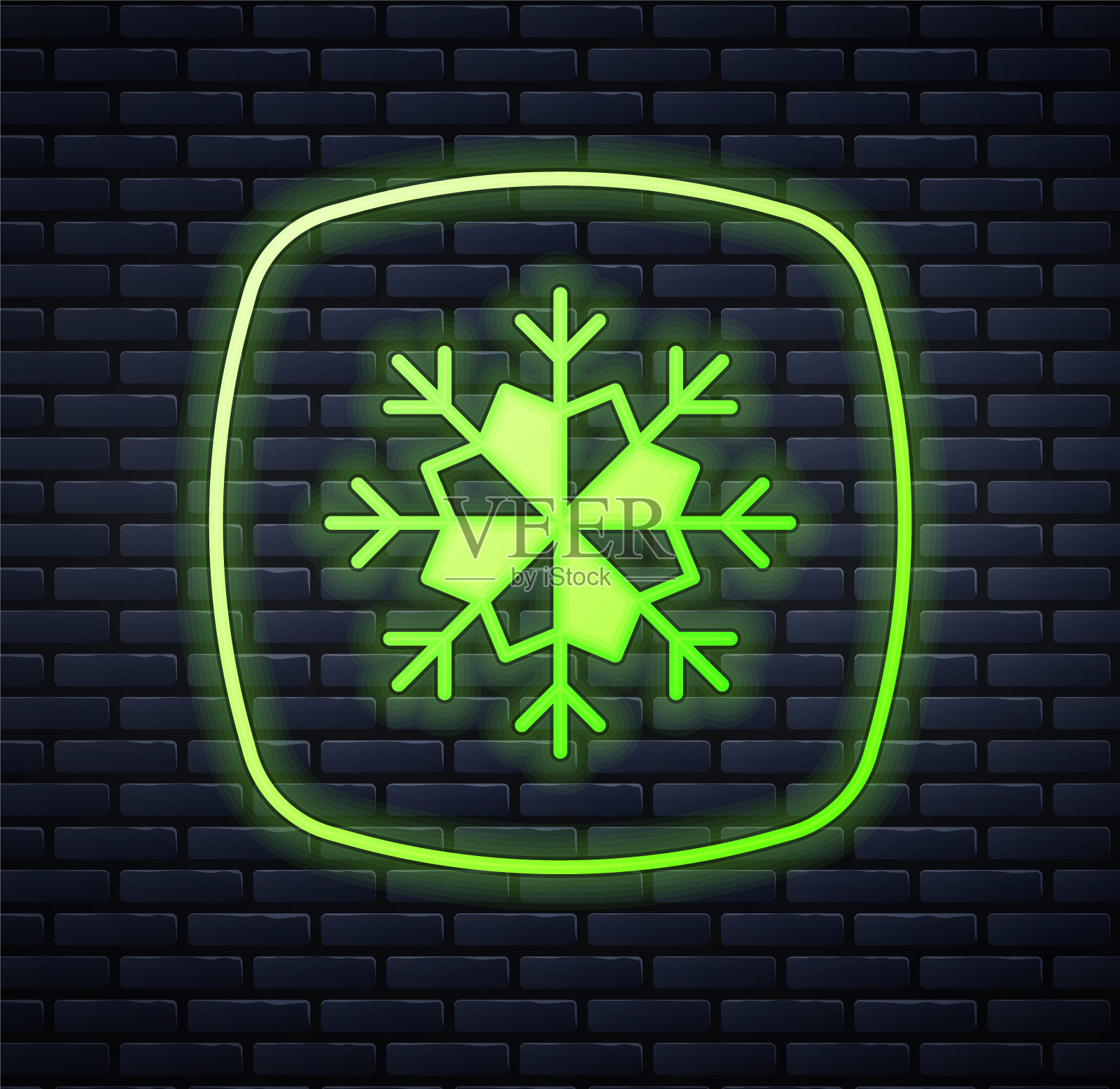 发光的霓虹灯雪花图标孤立在砖墙背景。圣诞快乐,恭贺新禧。向量插画图片素材