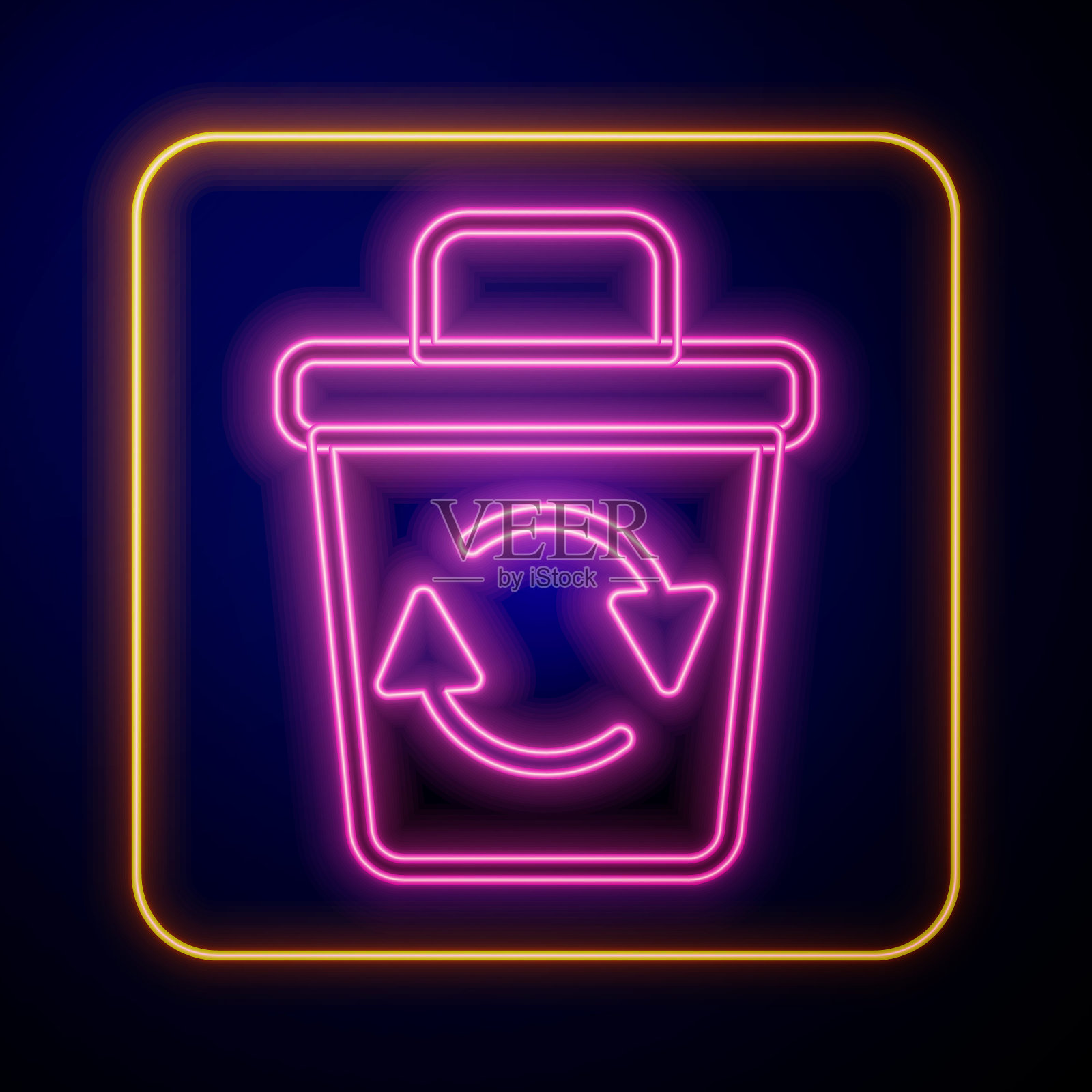 发光霓虹灯回收站与回收符号图标孤立在黑色背景。垃圾桶图标。垃圾桶的迹象。回收篮的迹象。向量设计元素图片