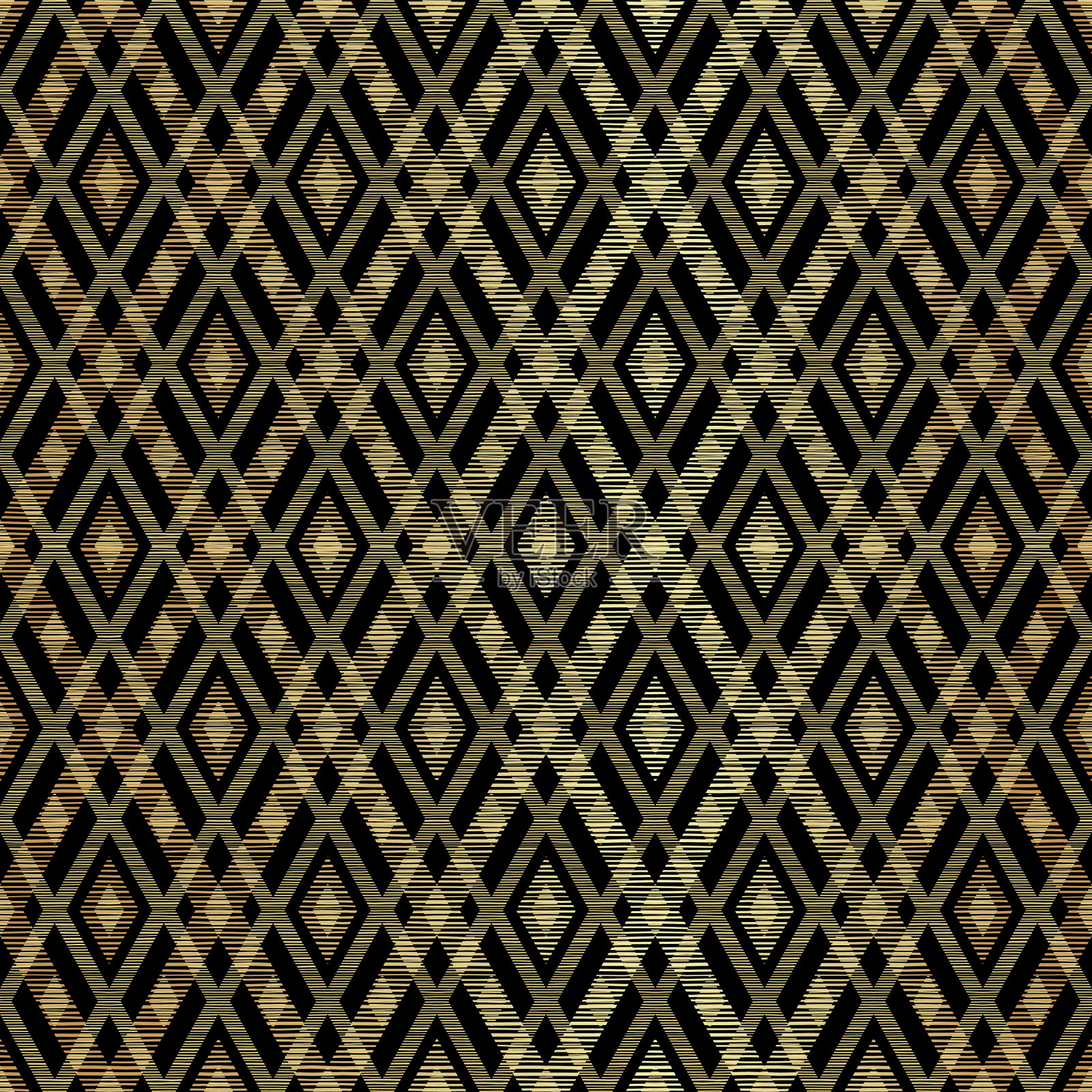 经典优雅的几何菱形无缝图案背景与条纹金色和黑色插画图片素材