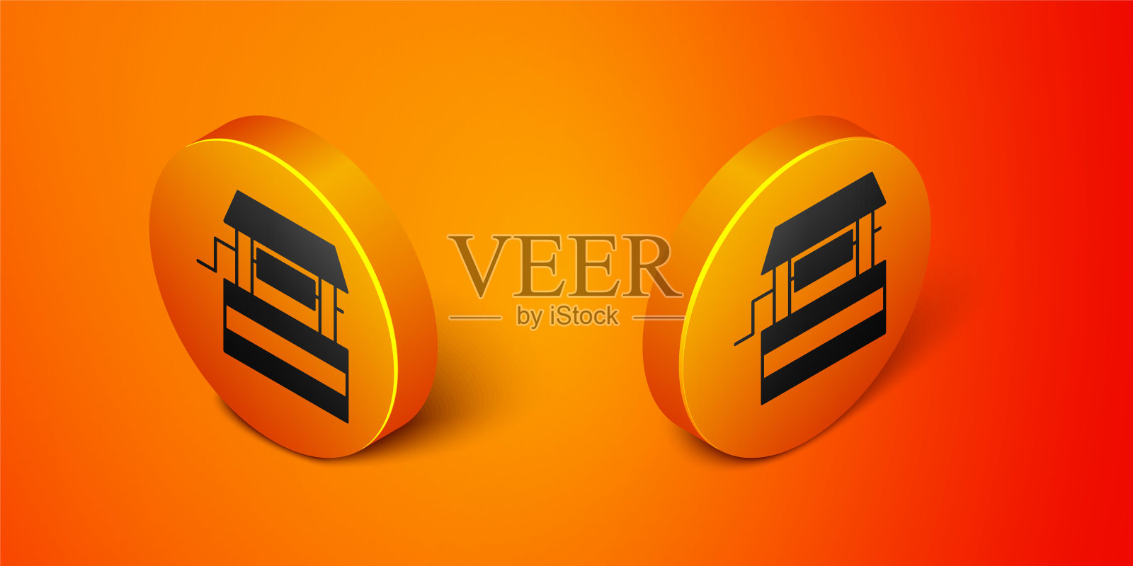 在橙色背景上孤立的等距井图标。橙色圆按钮。向量插画图片素材