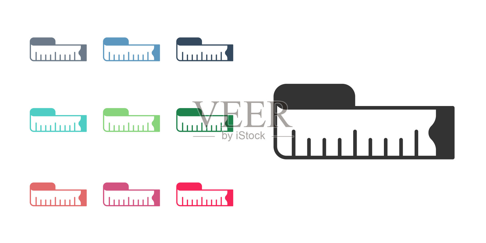 黑色卷尺测量图标孤立在白色背景上。卷尺。设置图标丰富多彩。向量图标素材